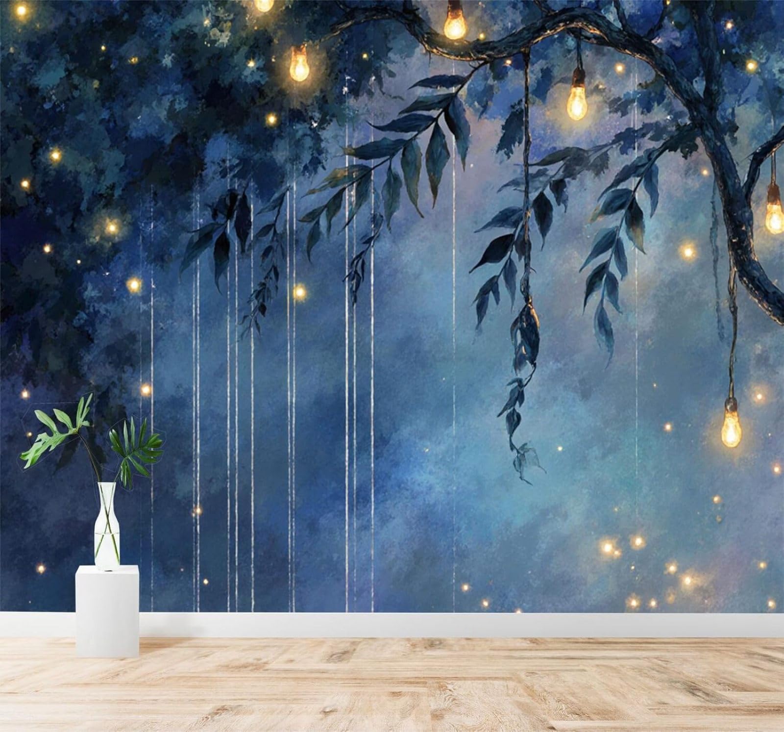 Tzxztt Dreamlike Blue Night Sky Branches Hanging Lights Modern 3D Wallpaper Premium Textured Silk Neutral Tones Material Ideal for Living Room Bedroom-350cm×256cm