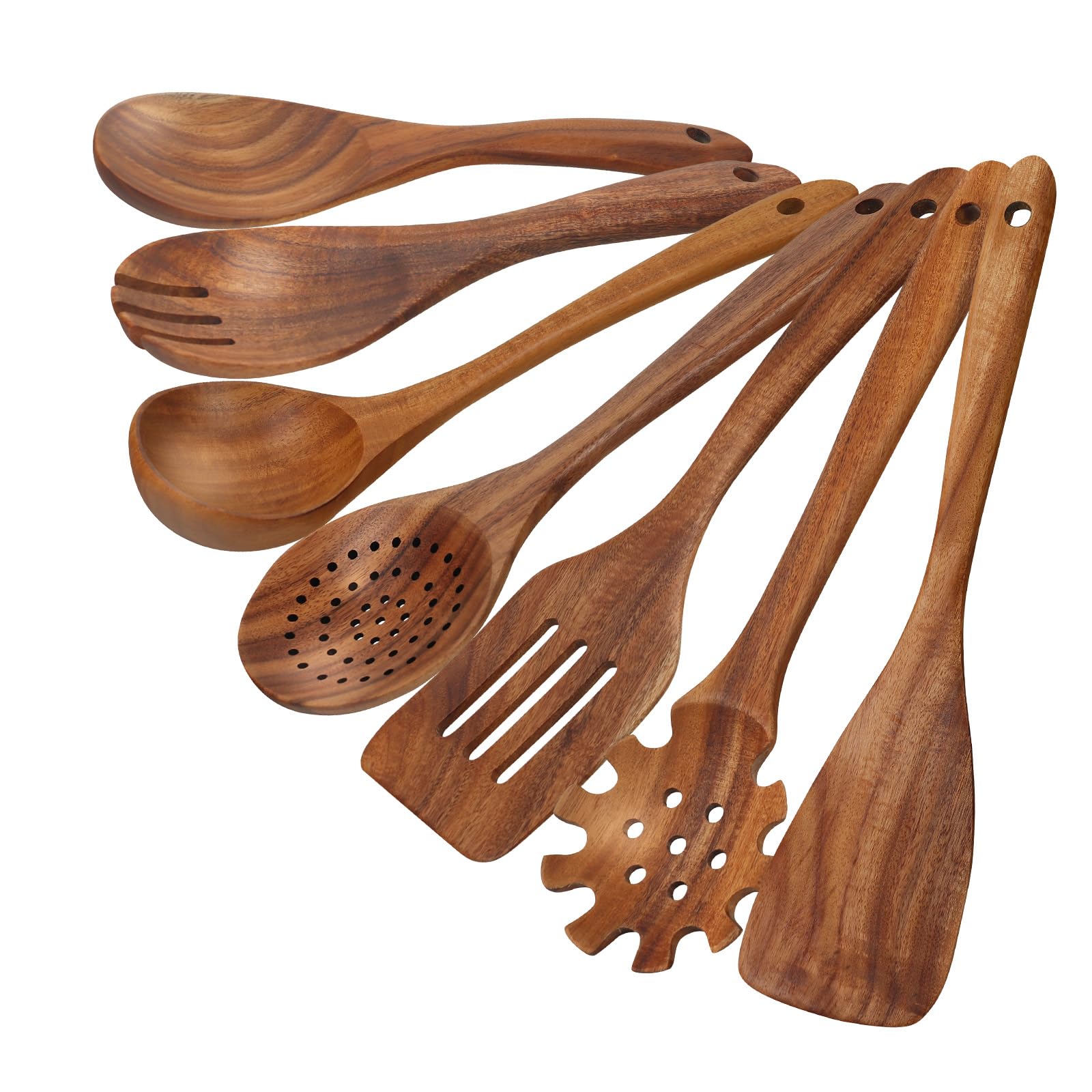 comfoyar Teak Utensili da Cucina Set, 7 Pezzi Cucchiai di Legno per Cucinare Set con Spatola e Ladle, Resistente al Calore Mestoli in Legno per Pan Antiaderente