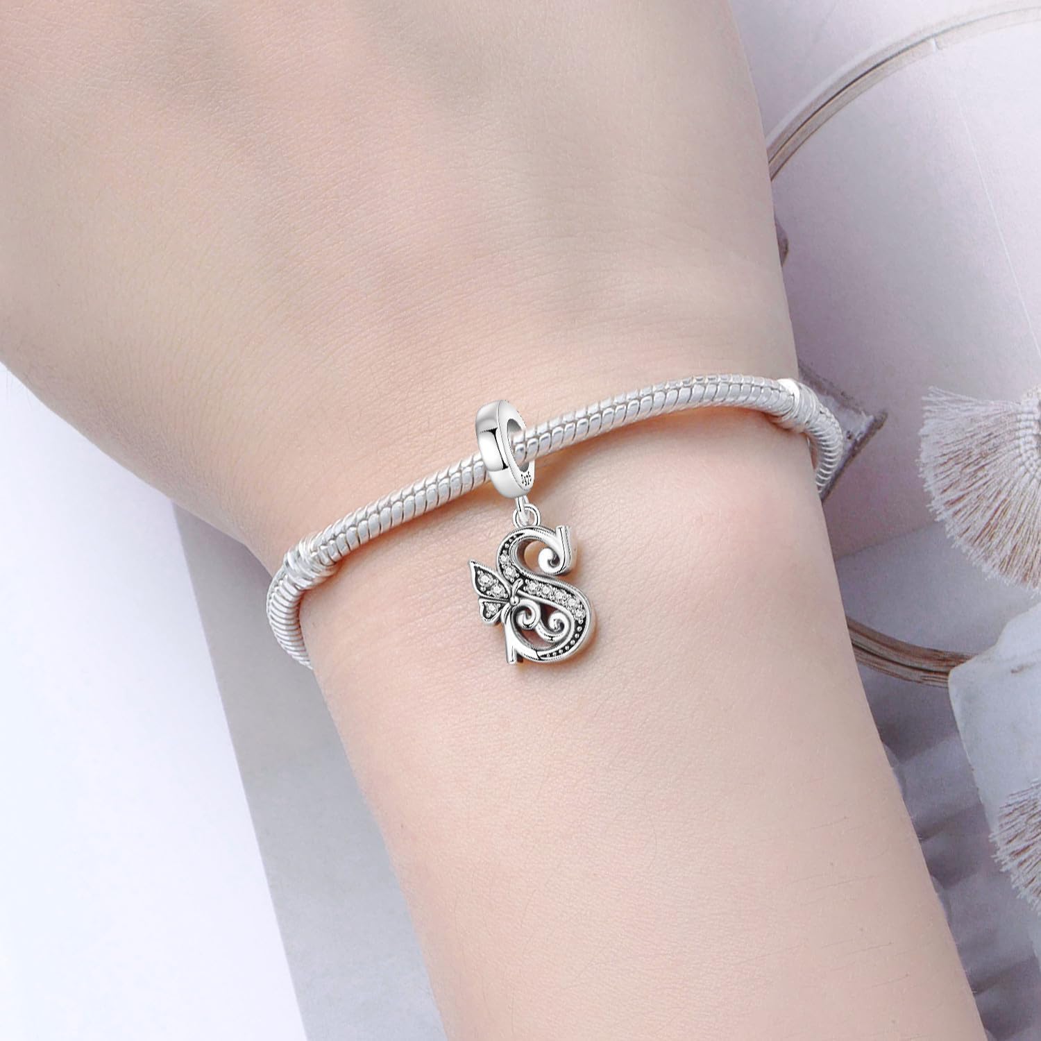 2 Pack 925 Sterling Silver Butterfly Letter Charms for Bracelets and Necklace Alphabet Initial Dangle Pendants Round Spacer Beads Pave Cubic Zirconia Jewelry Gift for Women - Image 3