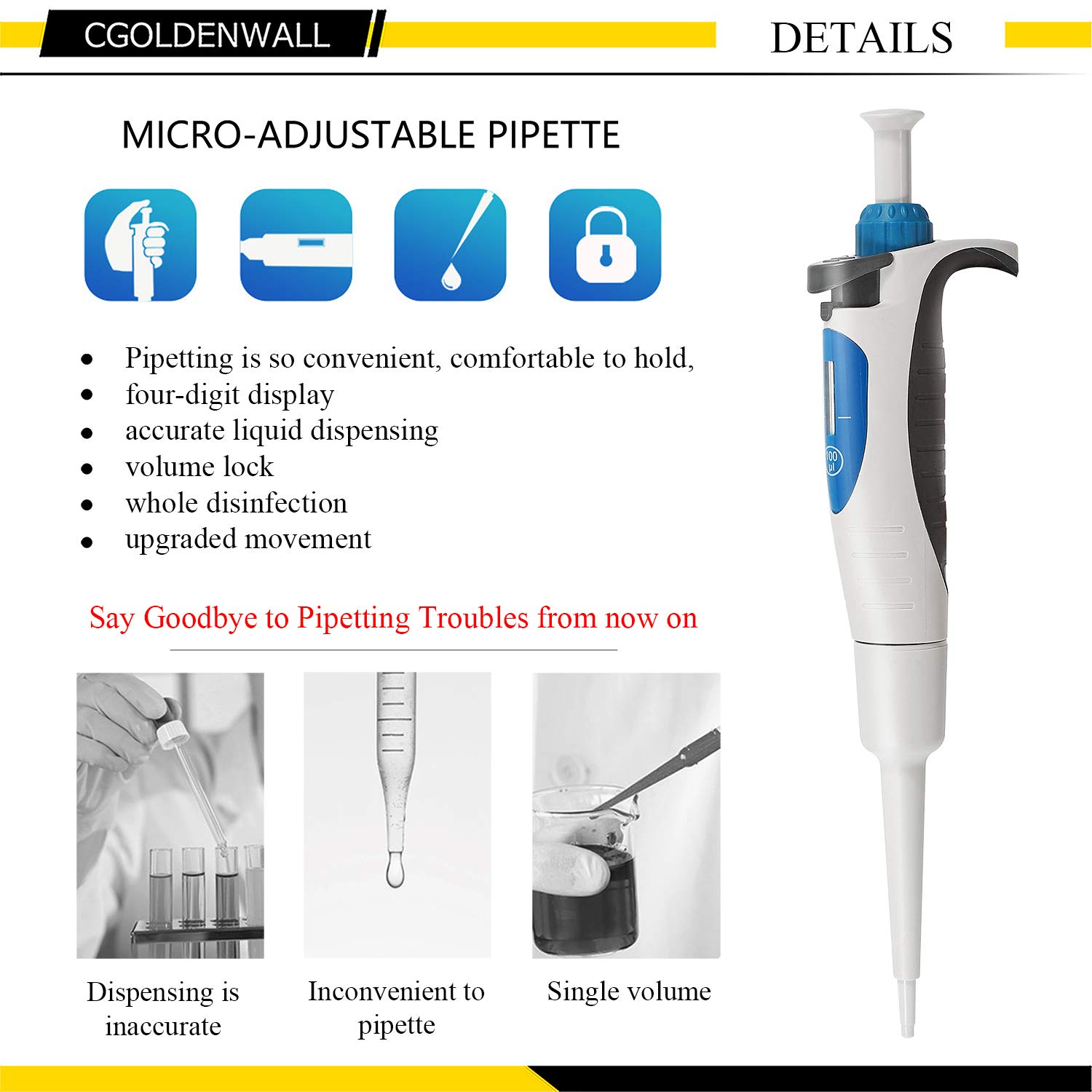 CGOLDENWALL Laboratorio Micropipette Pipeta Ajustable Manual Pipetter Pipetter Pipetter Ajustable y Volumen Fijo Monocanal Pantalla de cuatro dígitos (A10, 0.5-10ul)