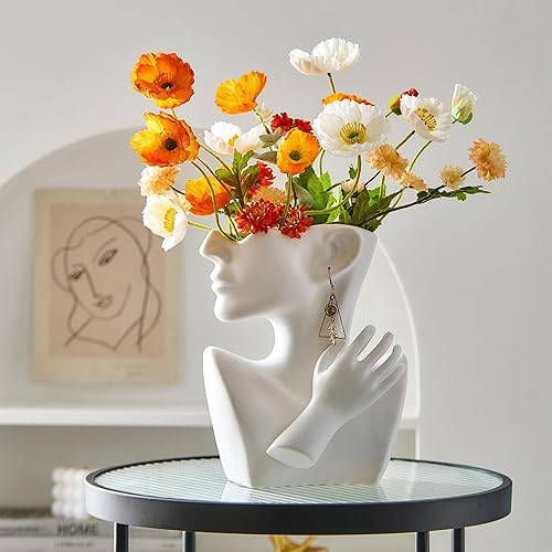 Miniatura 2 de FJS Florero de cara blanco único para decoración del hogar, moderno jarrón femenino de resina para sala de estar, dormitorio, barra de café, mesa,