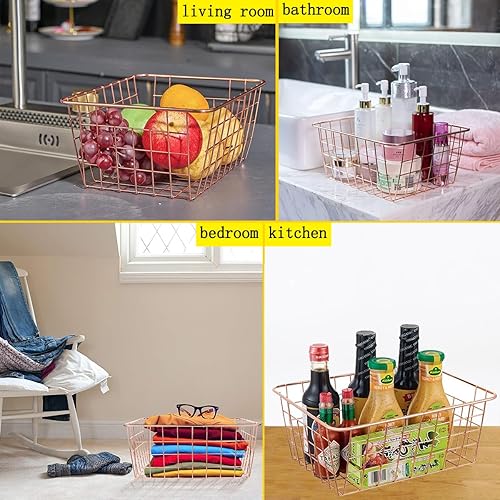 Miniatura 5 de Paquete de 4 cestas de alambre para despensa de alambre de metal para congelador, cubos organizadores con asas, cesta de metal de oro rosa para