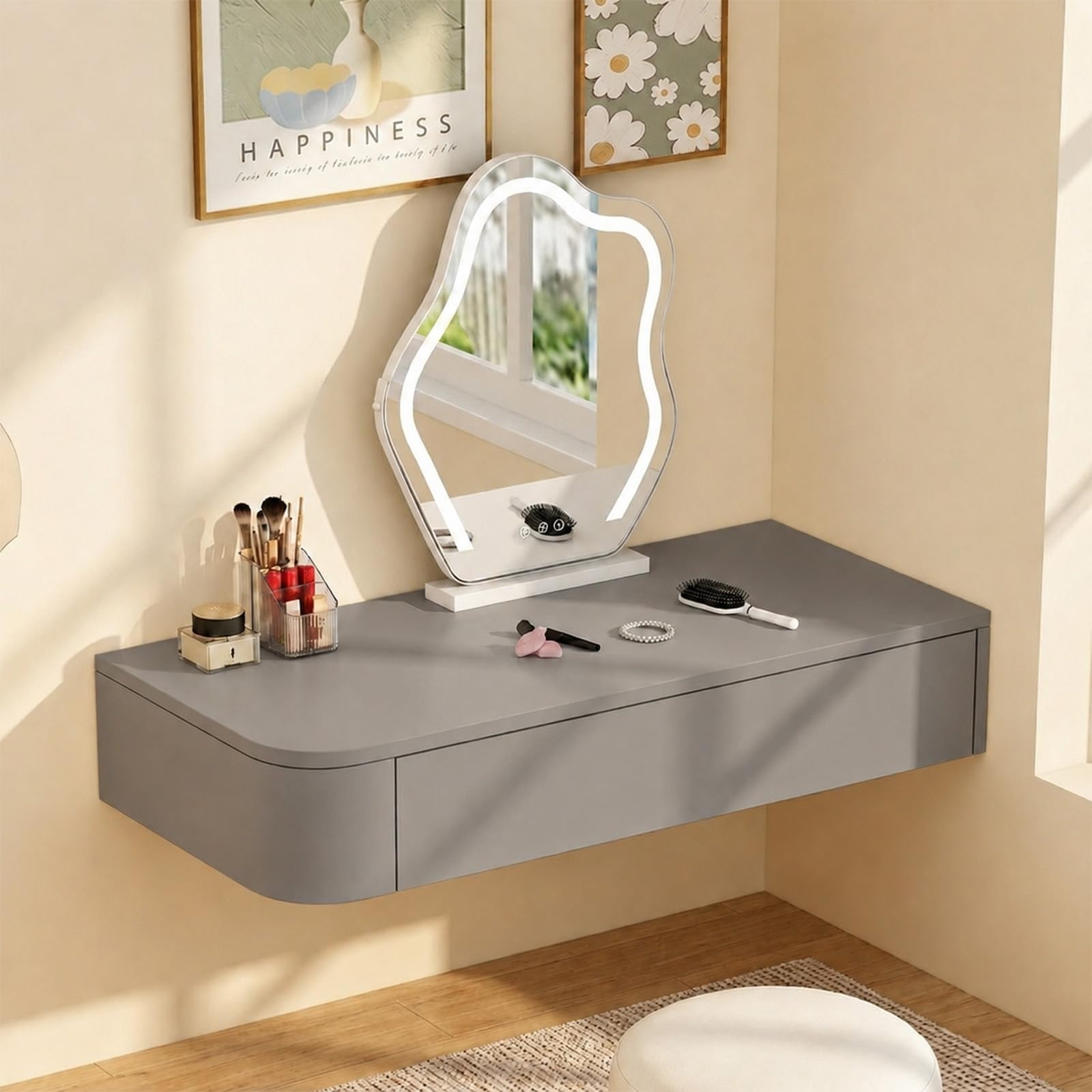 Moderno escritorio flotante totalmente montado con esquinas redondeadas, mesa de maquillaje montada en la pared para ahorrar espacio en dormitorio y sala de estar, tocador estético Slish