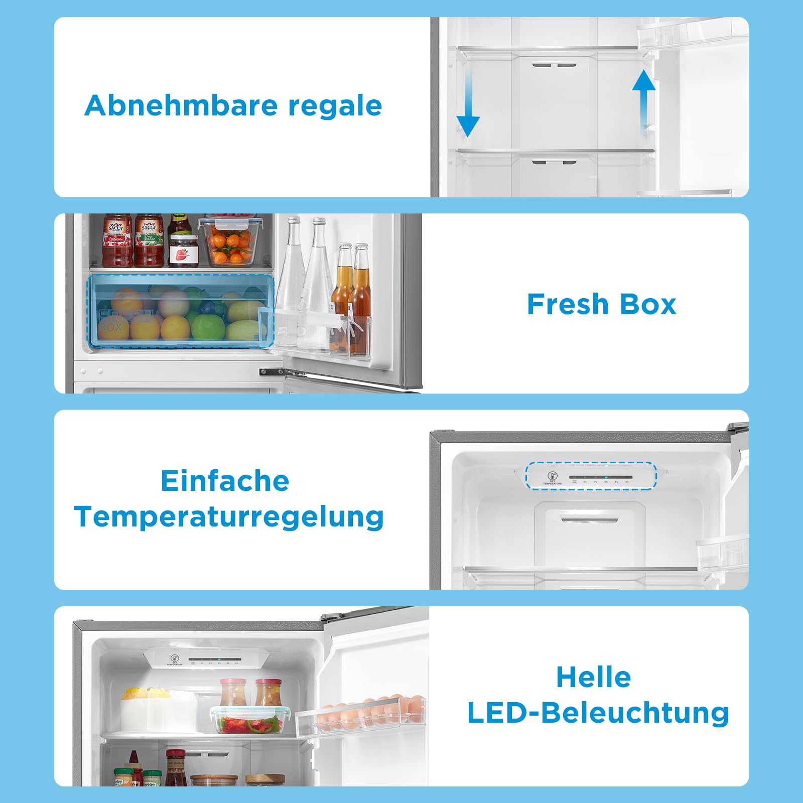 Midea 270L Kühlschrank mit gefrierfach, Nofrost, 180cm,EEK C,140 kWh/Jahr | 199L Kühlteil + 71L 4 Sterne Gefrieren( -24℃), Multi-air Flow,Inverter Kompressor, 38dB, Fresh zone, Bru-stahl