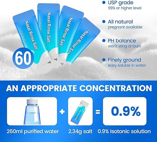 Miniatura 3 de Neti Pot - Botella de enjuague sinusal de 260 ML con 60 paquetes de sal de lavado nasal y termómetro adhesivo, limpiador de lavado nasal, enjuague a