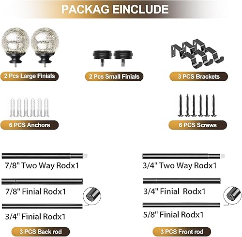 Miniatura 6 de KAMANINA Barra de cortina doble de 1 pulgada de 72 a 144 pulgadas (6-12 pies), barras de cortina plateadas para ventanas de 66 a 120 pulgadas,