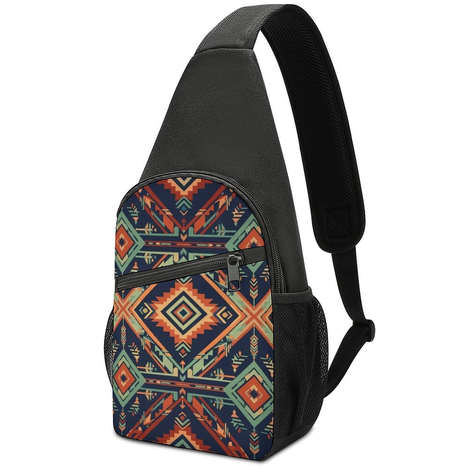 Large Capacity Sling Bag, Reusable Lightweight Crossbody Backpack, Adjustable Chest Daypack Bags for Travel, Outdoor Adventure, Floral Aztec Ethnic Tribal