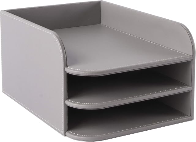 OSCO GRYPU3DTT Faux Leather 3 Tier Designer Letter Tray - Grey