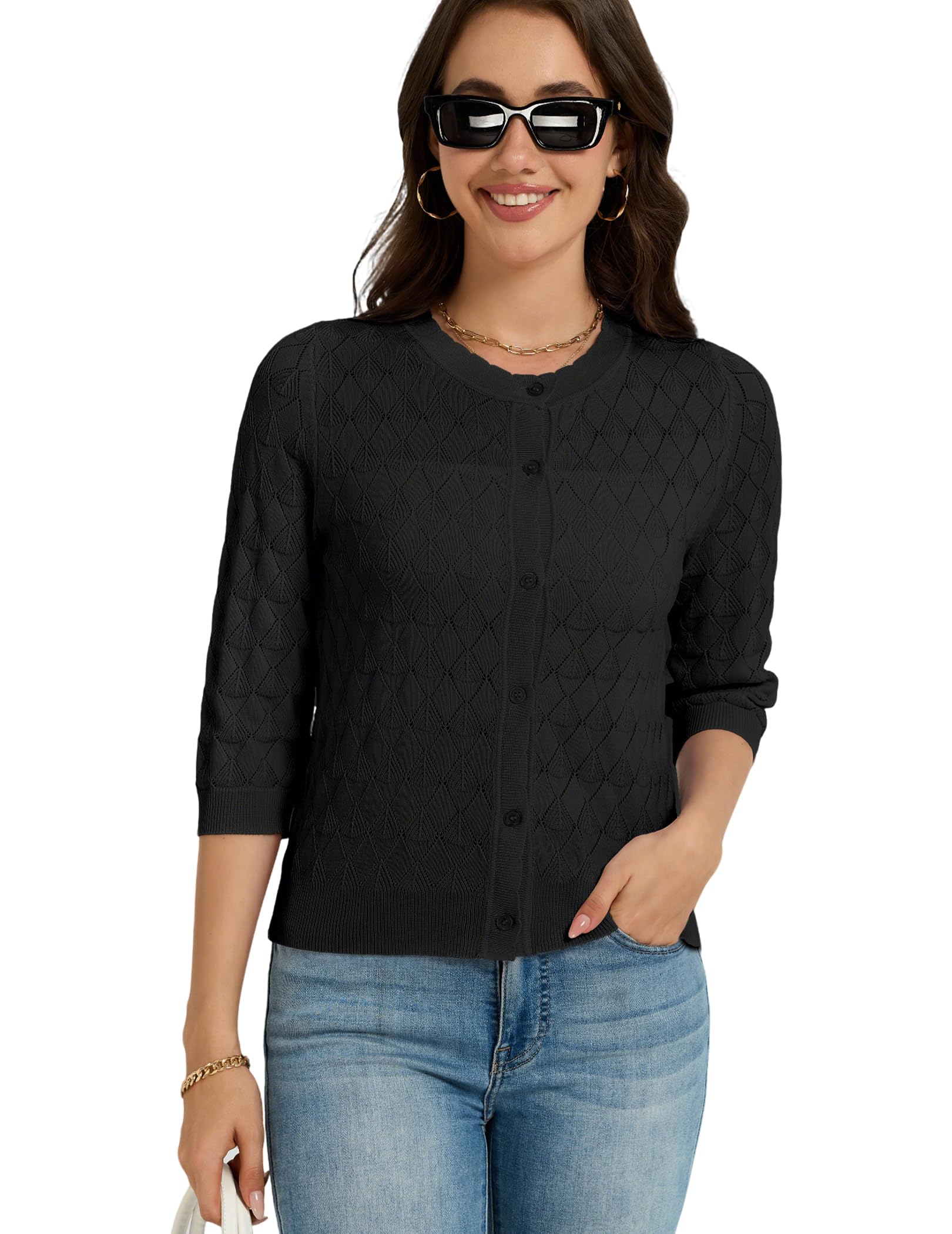 Boléro Femme Cardigan Court Gilet Veste Tricot 3/4 Manches Évidée Robe T Shirt Bretelle Chic Rétro Elégante Soirée Fête Décontracté