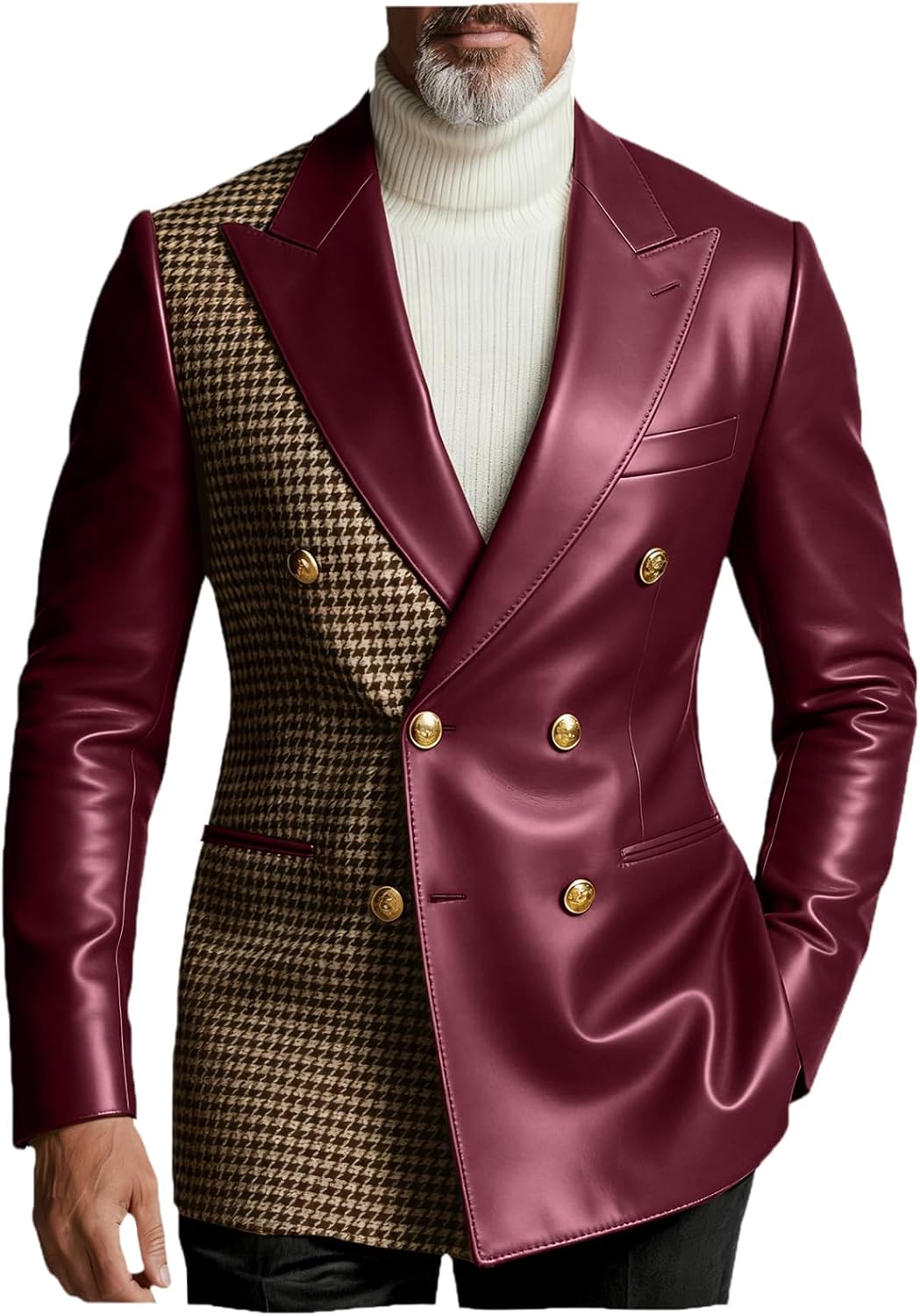 Men‘s Blazer Faux Leather Patchwork Houndstooth Suit Jacket Slim Fit Double Breasted Sport Coat