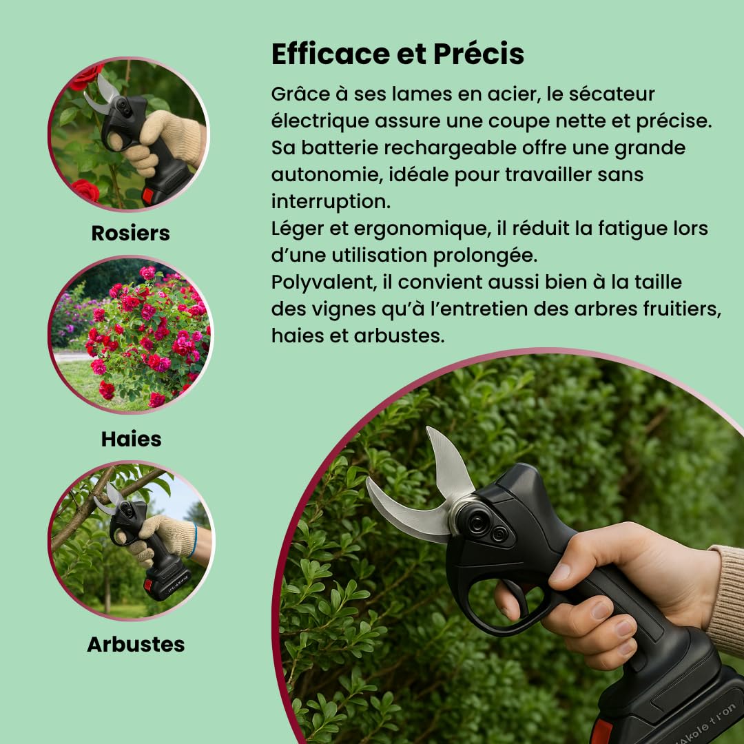 Venteo - Sécateur Électrique sans Fil | Deux Batteries 21 V | Secateur de Jardin et Coupe Branche | Batterie Rechargeable | Outil Jardinage Outillage Professionnel