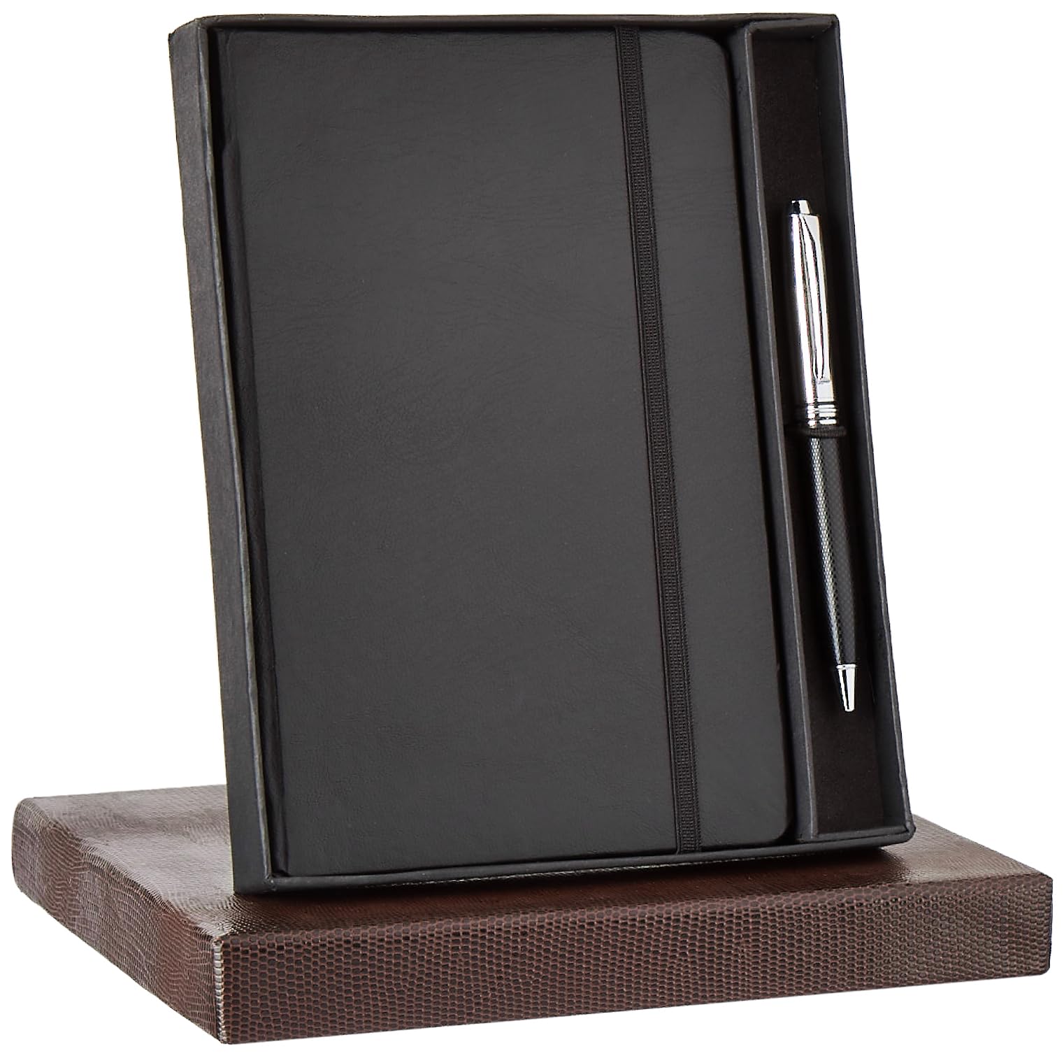 amazon basics A5 Diary with Ribbon Bookmark & Metal Roller Ballpen | Gift Set For Corporate and Personal Occasions(Black)