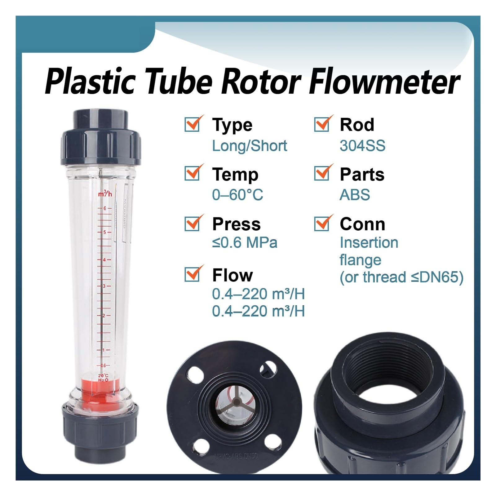 Lzs Series - Medidor de flujo de área variable de tubo de plástico Dn15‑50, rotámetro líquido, indicador de flujo industrial de paleta en línea