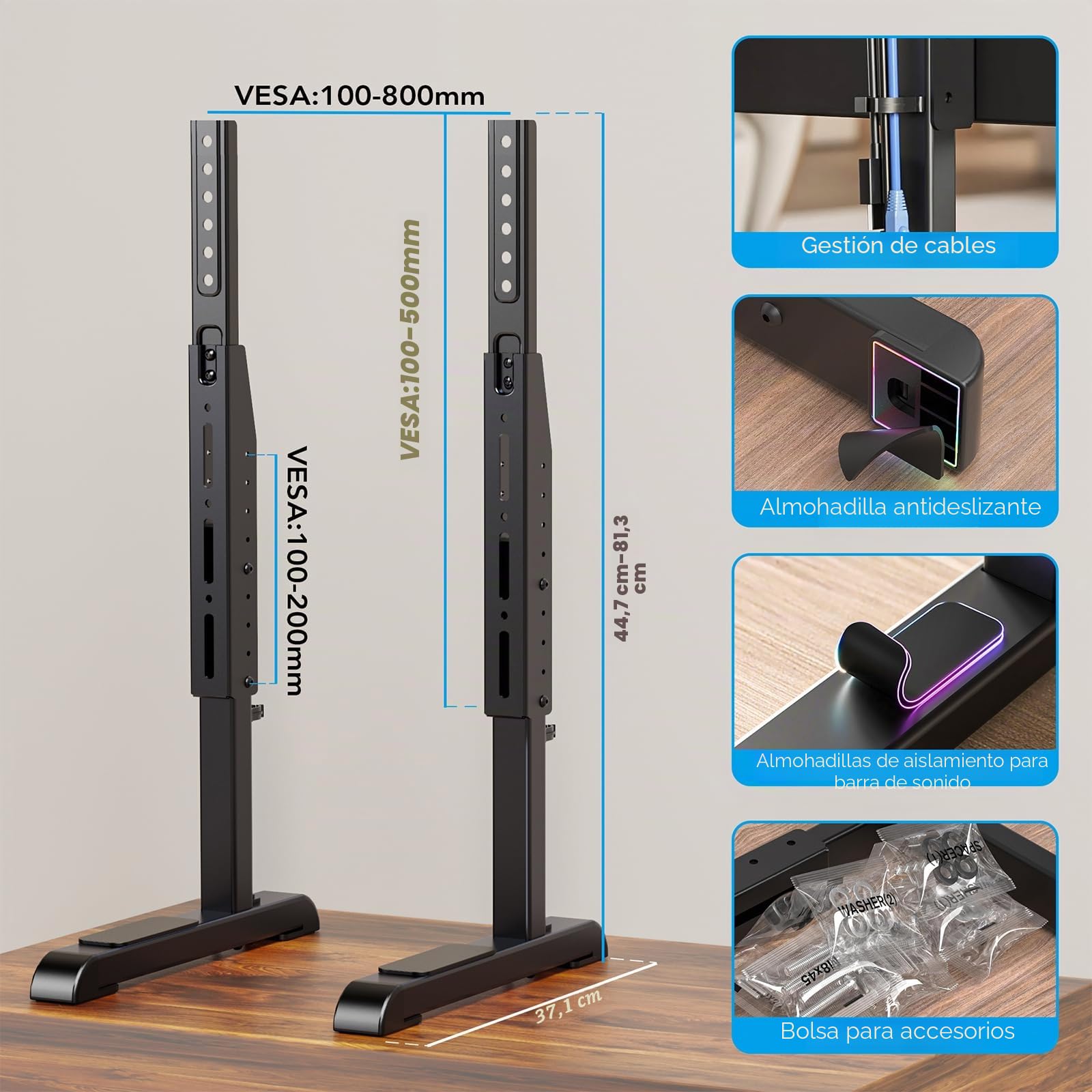 Soporte de TV Universal, Soporte para TV de Mesa para la mayoría de los televisores LED LCD de 24 a 80 Pulgadas, 7 Alturas Ajustables, sostienen hasta 50 KGS, VESA máx. 800x500 mm, Negro