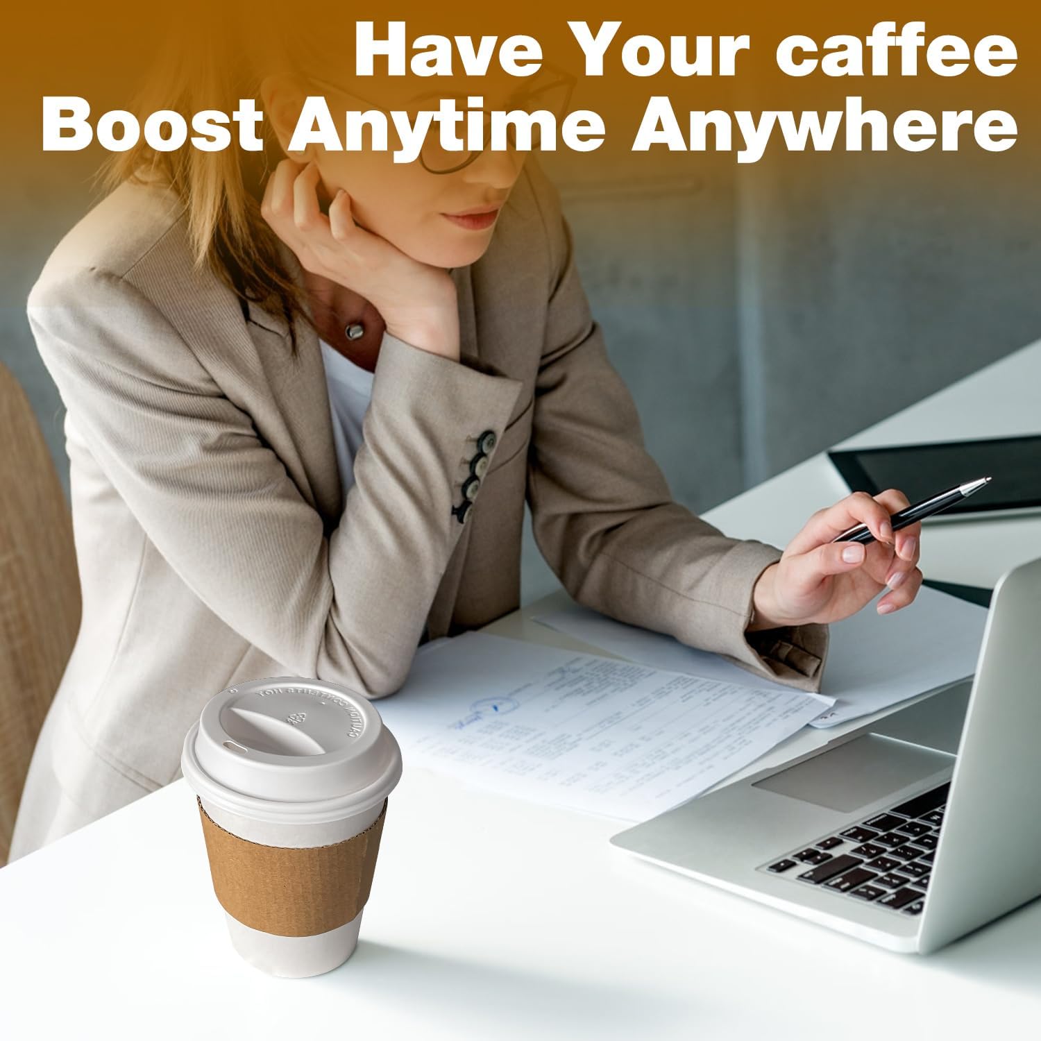 Ginkgo 100 Pack 8 oz Thickened Paper Coffee Cups with White Lids and Sleeves, Disposable To Go Coffee Cups for Espresso Coffee, Hot Chocolate and Cocoa - Image 5