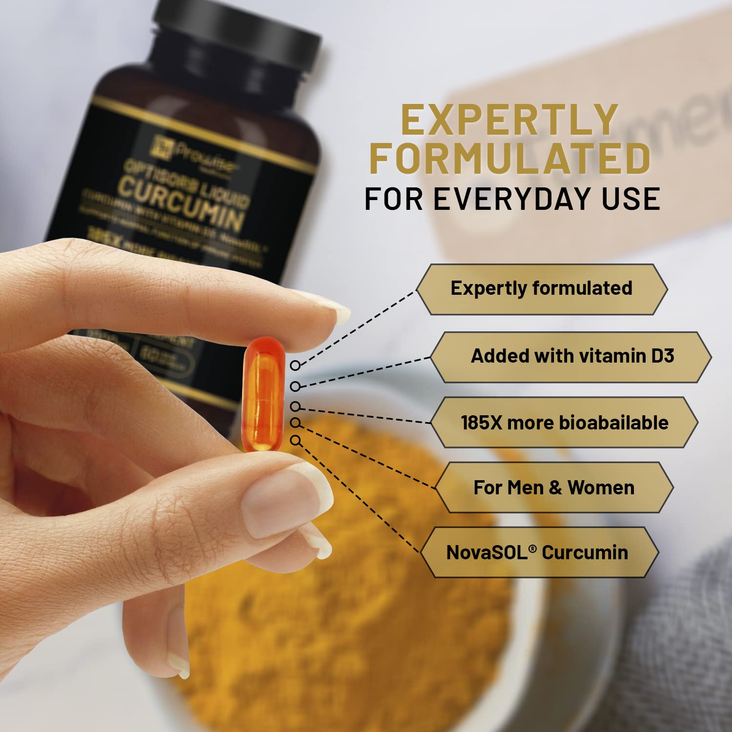 Optisorb flüssiges Curcumin mit Vitamin D – 60 Liqcaps | 185x Bioverfügbarkeit von Kurkuma und Curcumin – Ultra bioverfügbar | Flüssige Kapseln mit 1000 mg NovaSOL Tagesdosis