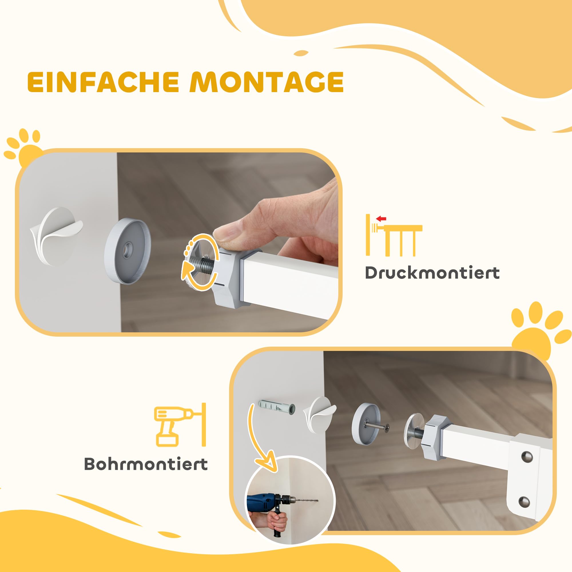 PawHut Treppenschutzgitter Ohne Bohren 74-80cm für Kinder Haustiere Weiß | Türschutzgitter, Kinderschutzgitter, Auto-Close, Einhand Öffnung, Doppelte Verriegelung, Türgitter für Treppen Türen