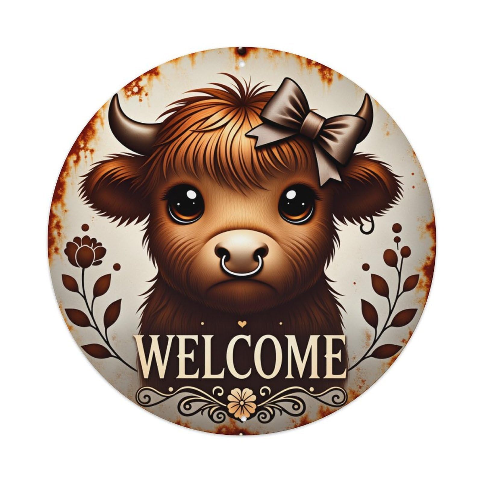 Cute Cow With Bow Welcome Sign Round Tin Sign Vintage Metal Poster Retro Bar, Home, Man Cave, Kitchen, Laundry Room Wall Art Decor Gift 8x8Inch