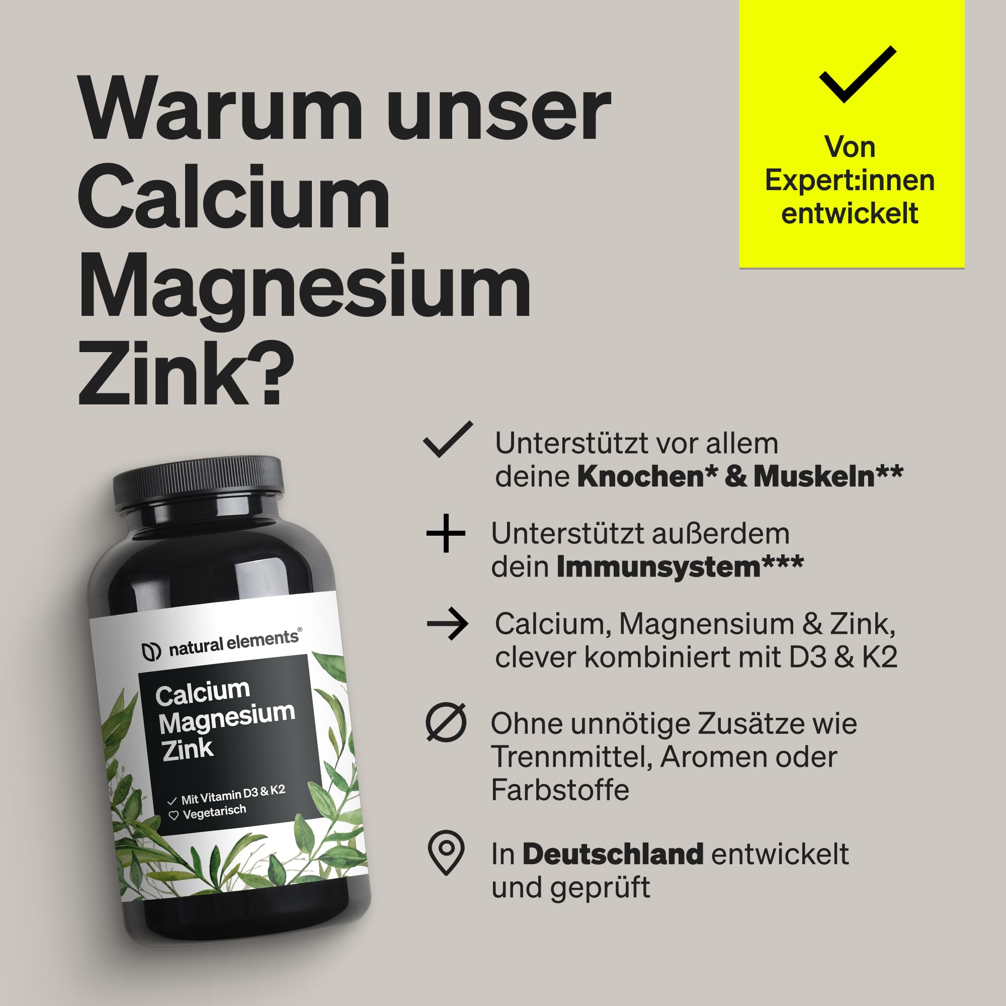 natural elements Calcium Magnesium Zink – 360 Tabletten – 520mg Calcium pro Tagesdosis – Komplex mit Vitamin D3 & K2 – optimal dosiert, ohne unnötige Zusätze – laborgeprüfte Qualität
