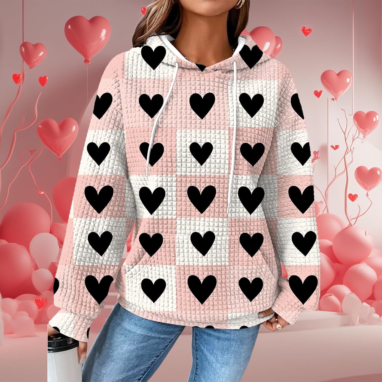 Valentines Day Hoodies For Women Heart Print Pullover Oversized Waffle Cute Graphic Hooded 2025 Spring Sweatshirt - Image 2