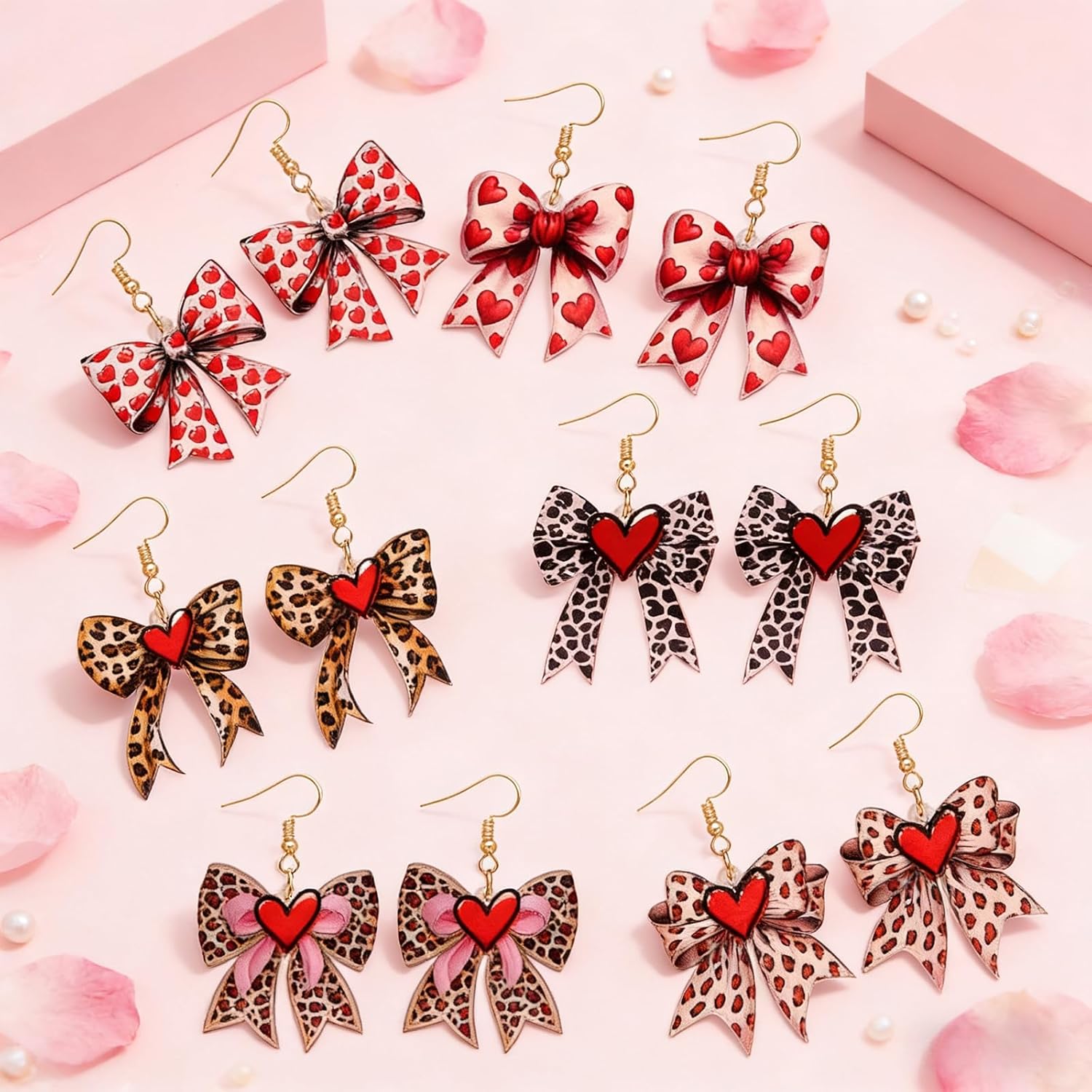 Valentines Earrings Leopard Bow Earrings for Women Red Heart Bow Earrings,Cute Bowknot Drop Earrings Valentines Outfits Accessories - Image 6