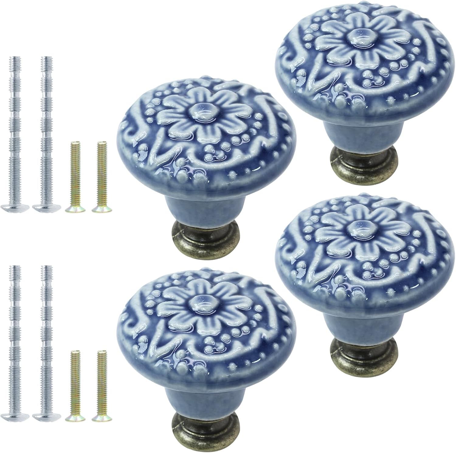 suiwotin 4pcs Greyish Blue Ceramic Knobs, Vintage Kitchen Knobs Pulls, Retro Ceramic