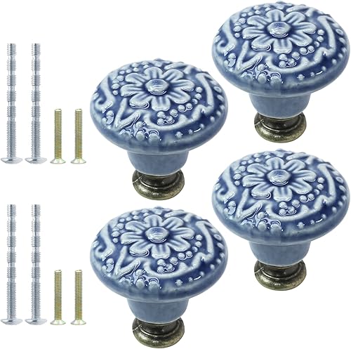 4 pomos de cerámica azul grisáceo, tiradores de pomos de armario de cocina vintage, pomos de cerámica retro, manijas decorativas para pomos de cajón