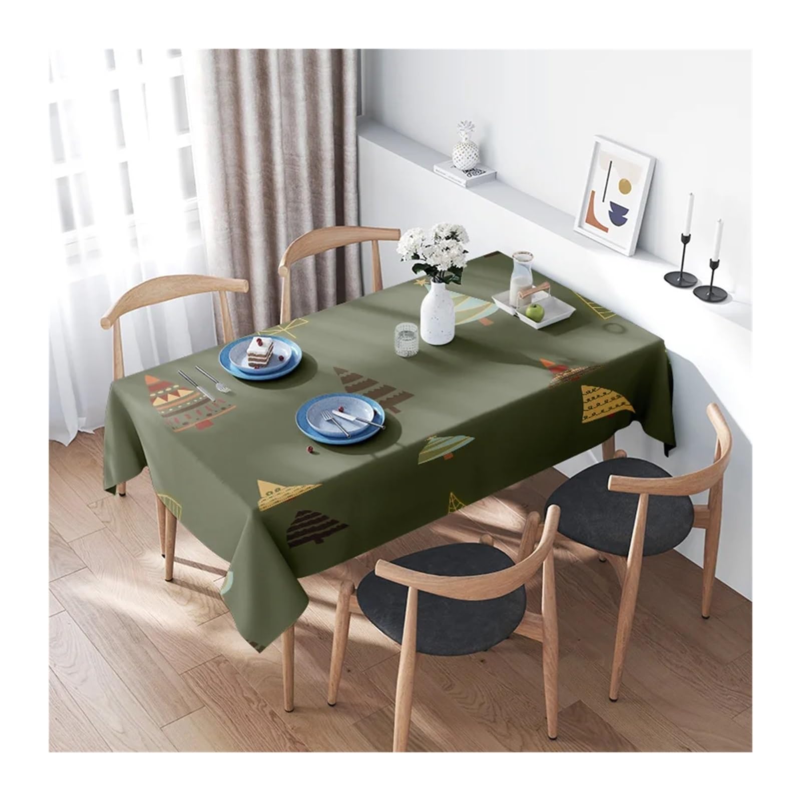 Mantel de Navidad Rustic Green Tablecloth with Tribal Patterns Perfect For Your Dining Room Decor(140X180CM)