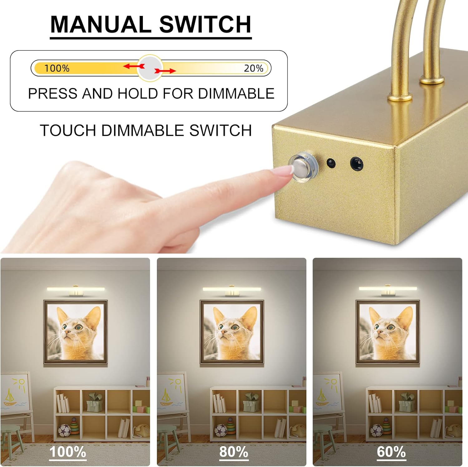 Picture Light, Rechargeable Art Lights for Paintings,Remote Control Display Accent Lighting with Timer and Dimmable for Mirror,Frame,Portrait,Dart Board-Gold