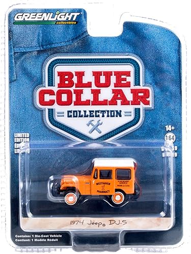 Greenlight 35200 B - Modelo de auto fundido a troquel serie 9 1/64 con cuello azul, naranja con parte superior blanca, modelo 1974 DJ-5