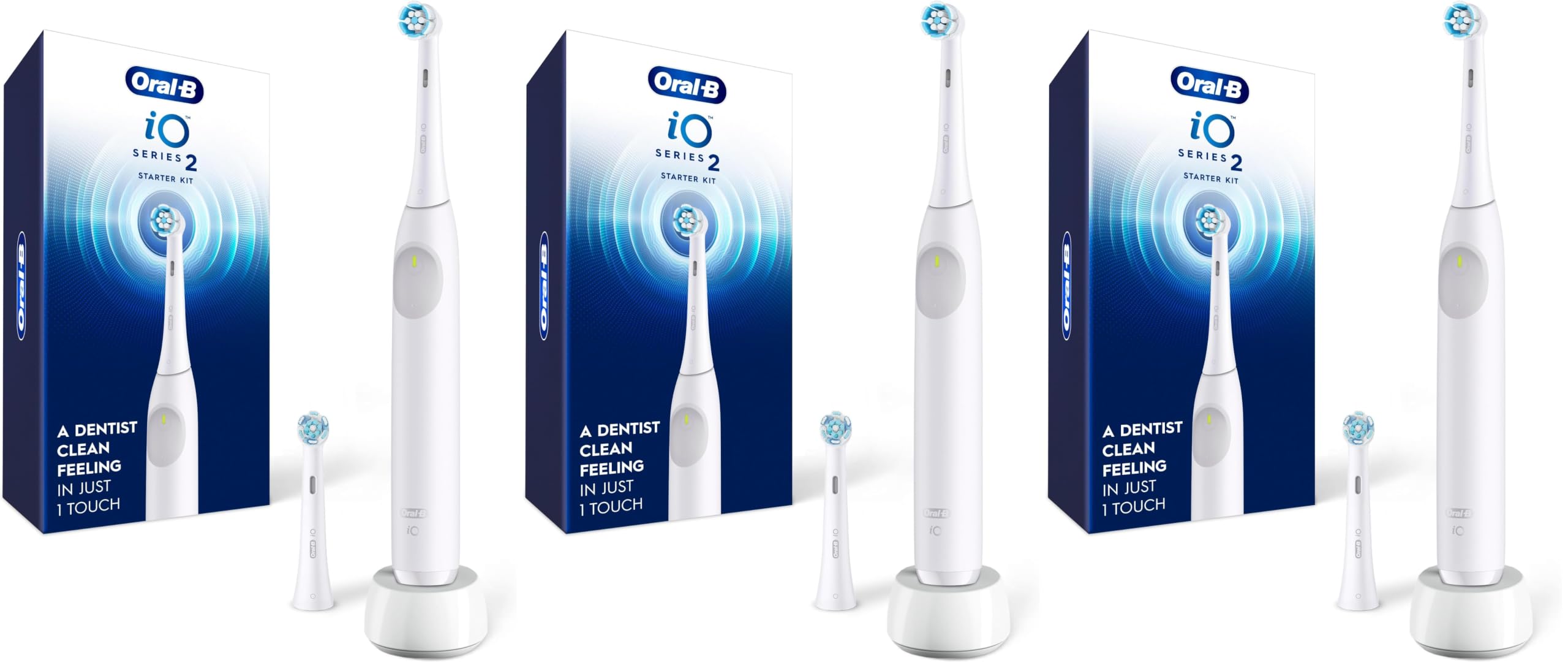 Oral-B Rechargeable Electric Toothbrush, iO2 Starter Kit, 3 Cleaning Modes, Automatic Pressure Sensor to Protect Gums, 2 Brush Heads, Pure White (Pack of 3)