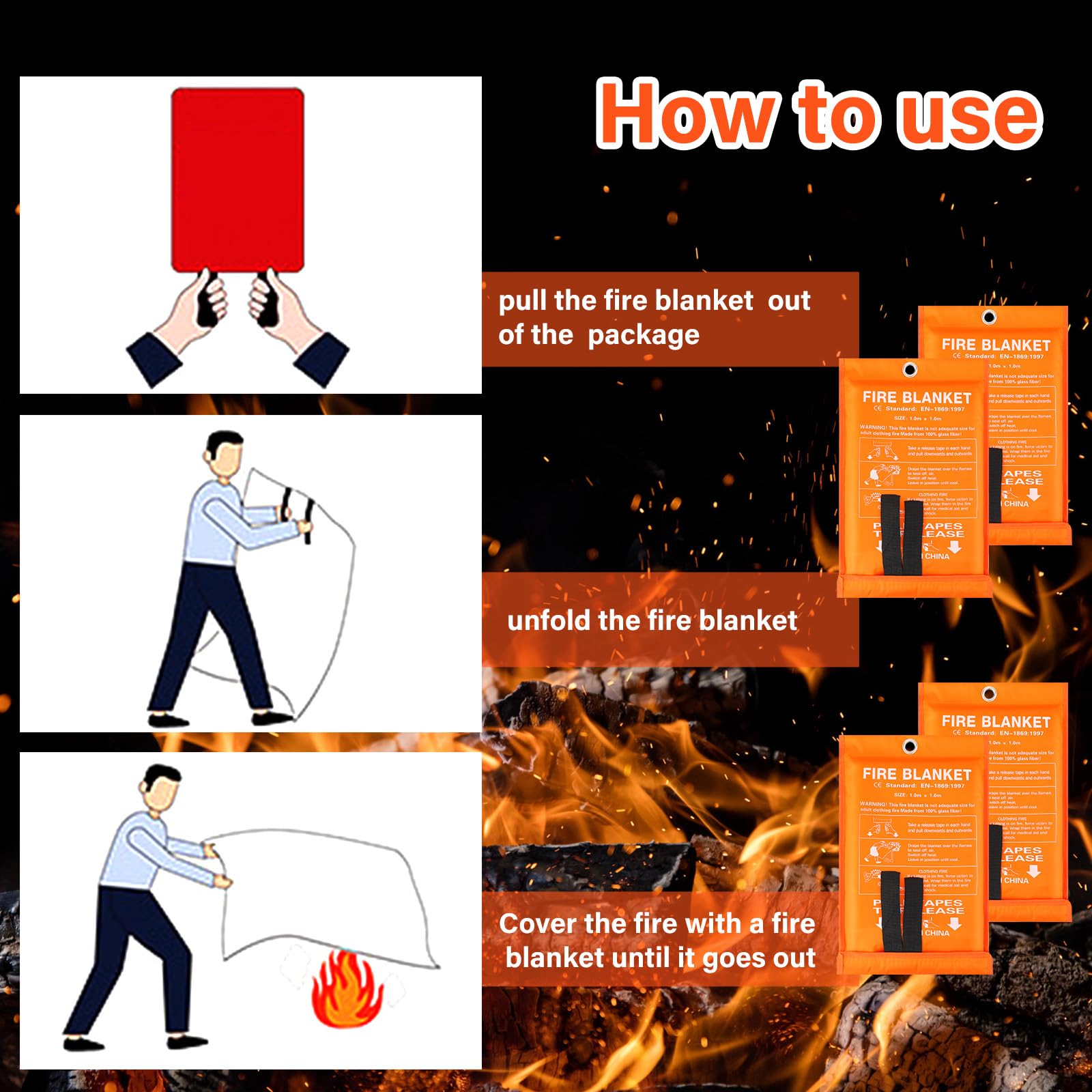 Paquete de 10 mantas ignífugas de fibra de vidrio, manta de emergencia ignífuga, manta de supresión de incendios, cubierta de seguridad de supervivencia de emergencia ignífuga para cocina, hogar,