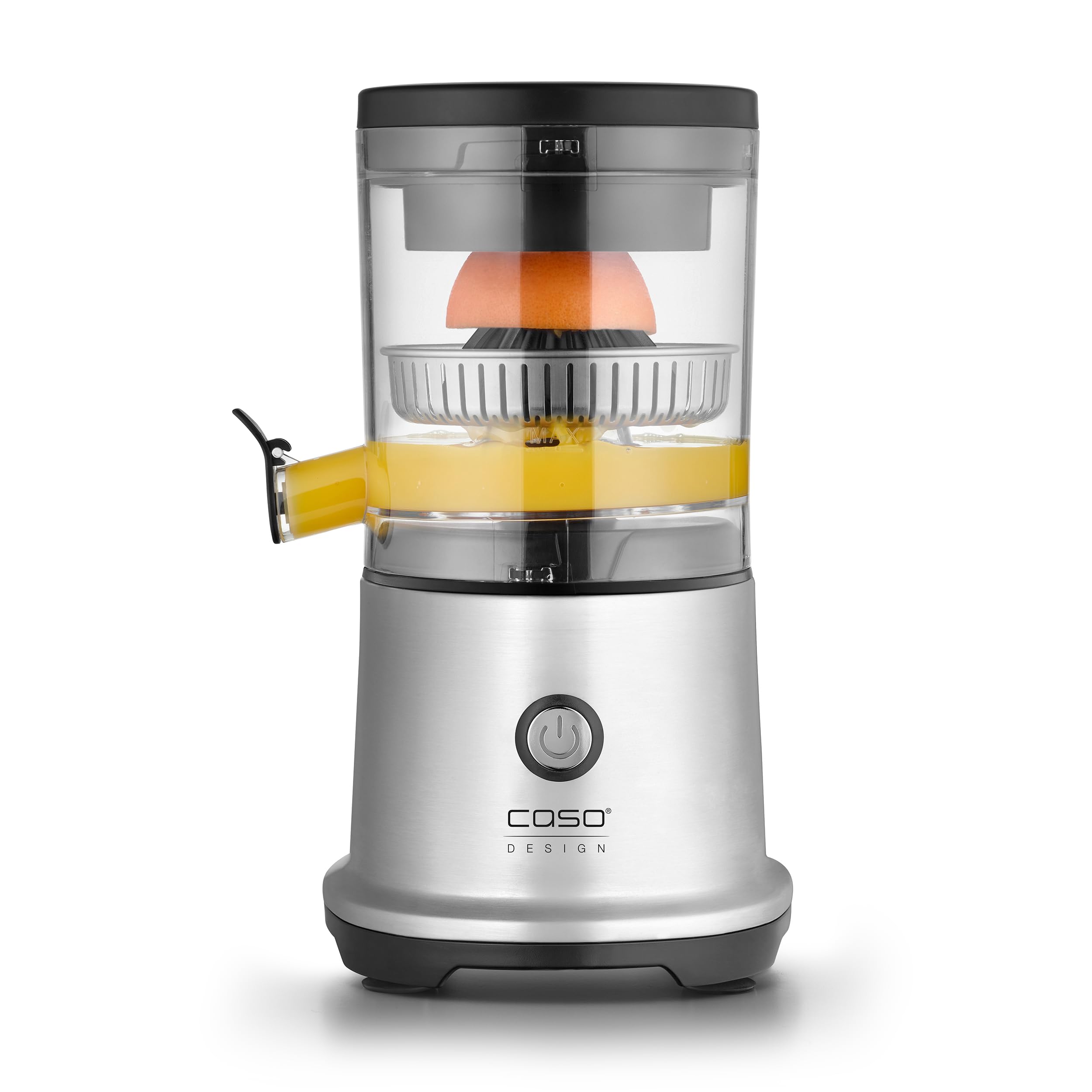 CASO CP 440 Lift Inox - Exprimidor Eléctrico con cono universal para Naranjas y Cítricos, 300W, antisalpicaduras, alta extracción de zumo, pies con ventosa, apto para lavavajillas, acero inoxidable
