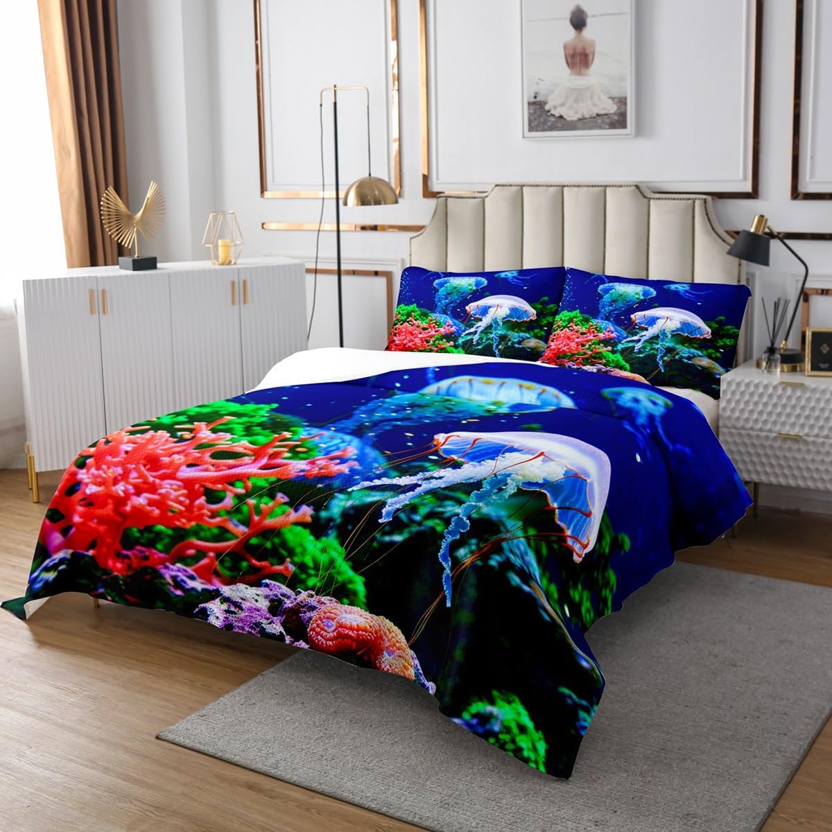 Erosebridal Blue Jellyfish Bedspread for Youth Lady,Sealife Underwater World Bedding Set,Ocean Fish Coverlet Set,Under Sea Colorful Coral Reef Quilt Set Tropical Hawaii Beach Bedroom Decor King Size
