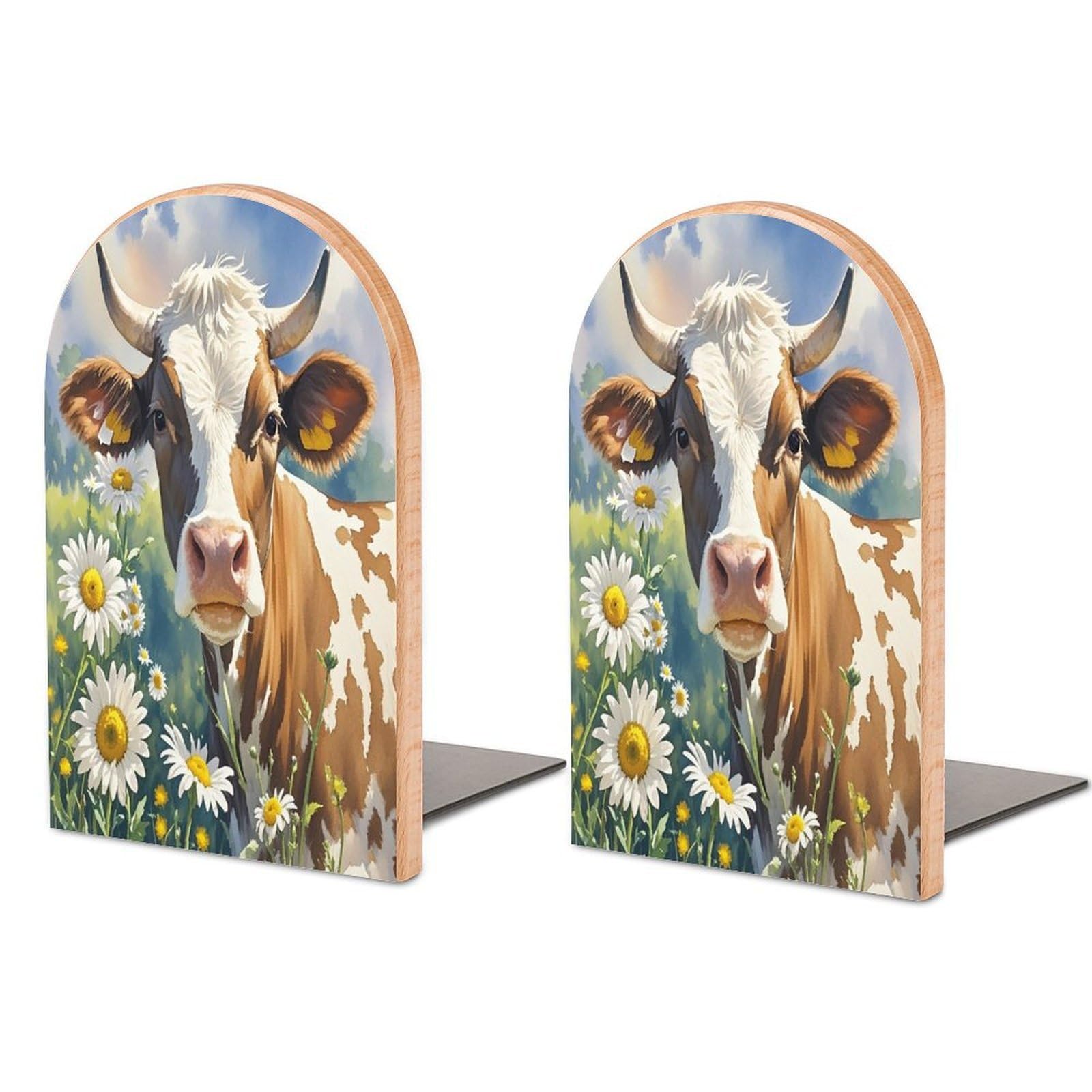 Watercolor Cow and Daisy Flower Bookend for Shelves Unique Book End Sturdy Books Holder Heavy Duty Wooden Bookends Support Non-Slip Book Organizers Decorative Modern Bookend Holder for Home