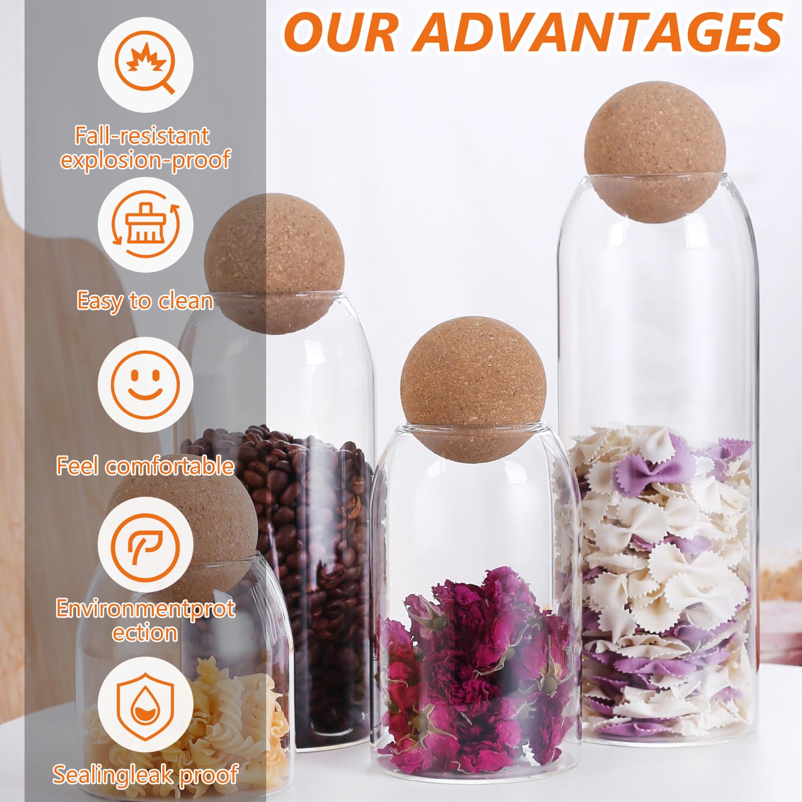 DAJAVE Juego de 4 tarros con bola de corcho, 1500 ml+1200 ml+800 ml+500 ml, cristal transparente apto para alimentos, tarros con tapa para café, especias, azúcar, café, galletas