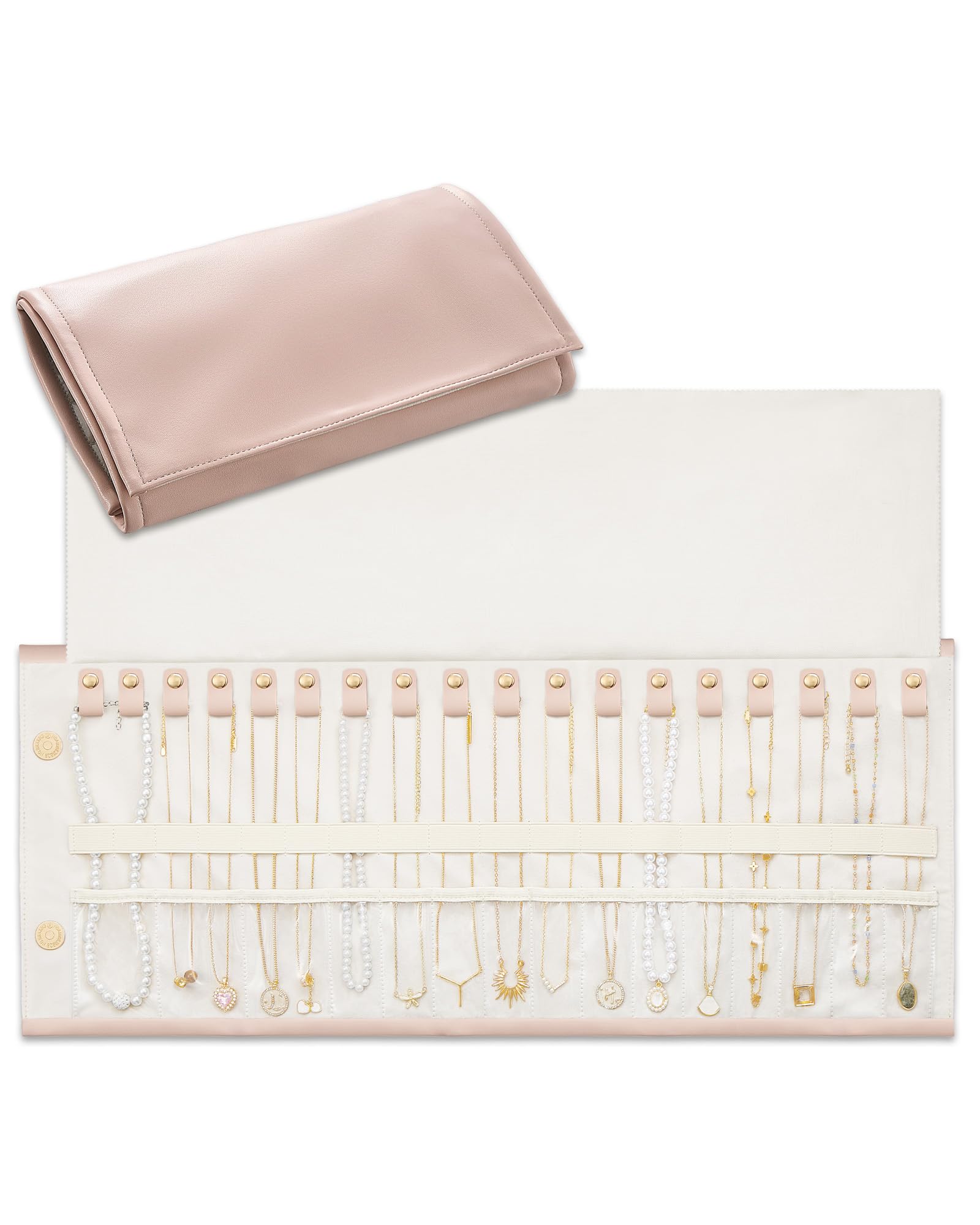 Lolalet Pink Travel Necklace Organiser, Tangle-Free Necklace Case For Travel, Leather Foldable Roll Up Jewellery Storage Bag For Necklaces Chains Bracelets -, 18 Slots Holder