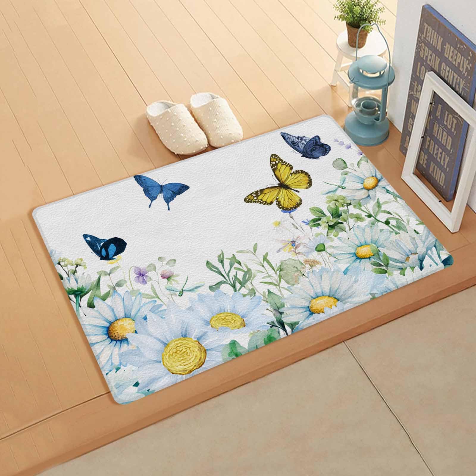 Watercolor Daisy Kitchen Bath Door Mat Cushioned Runner Rug,Washable Welcome Floor Sink Antifatigue Mat,Waterproof & Non-Slip Comfort Standing Doormat,Green Eucalyptus Leaves Simple White 18