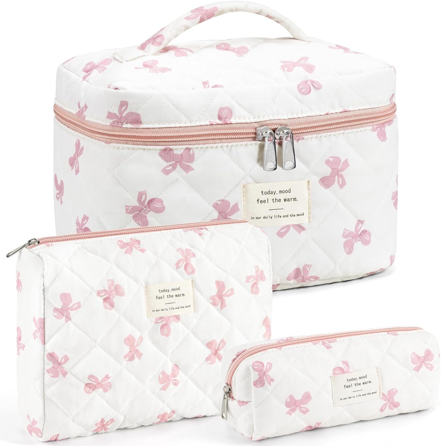 Lyrovo Makeup Organizer Cosmetic Bag Quilted Large Floral Make Up Organize Set for Women Flower Travel Toiletry Bag (TIE-Pink)-image-37