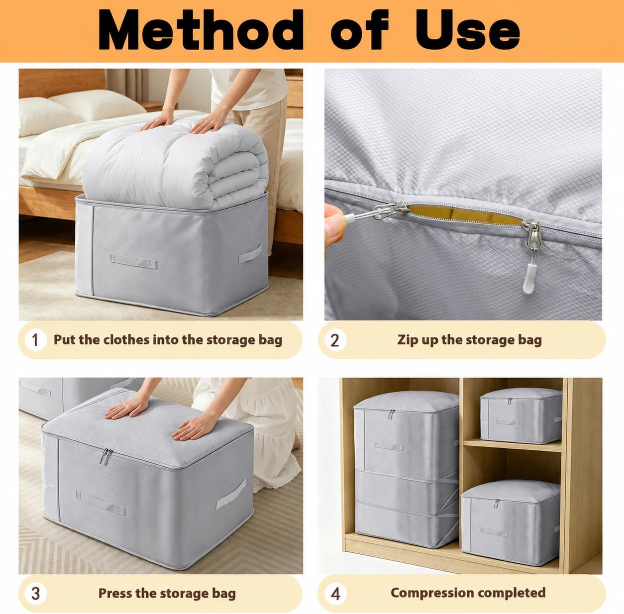 Comforter Storage Bag - Large Capacity Blanket Storage Bags 3-Layer Ultra Space Saving Self Compression Organizer, Washable Compression Bags for Storage Comforter Blanket (Grey-1PCS)