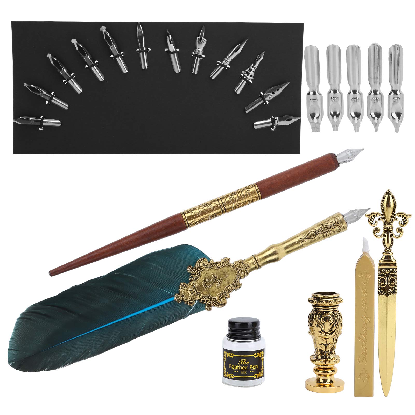 Set de Plumes Vintage pour Calligraphie et Dessin, Porte - Plume en Métal Rose, Plume à Tremper en Bois, Sceau à Cire et Pointes Artistiques, Idéal pour Artistes, Enseignants, (SP248011R bleu lac)