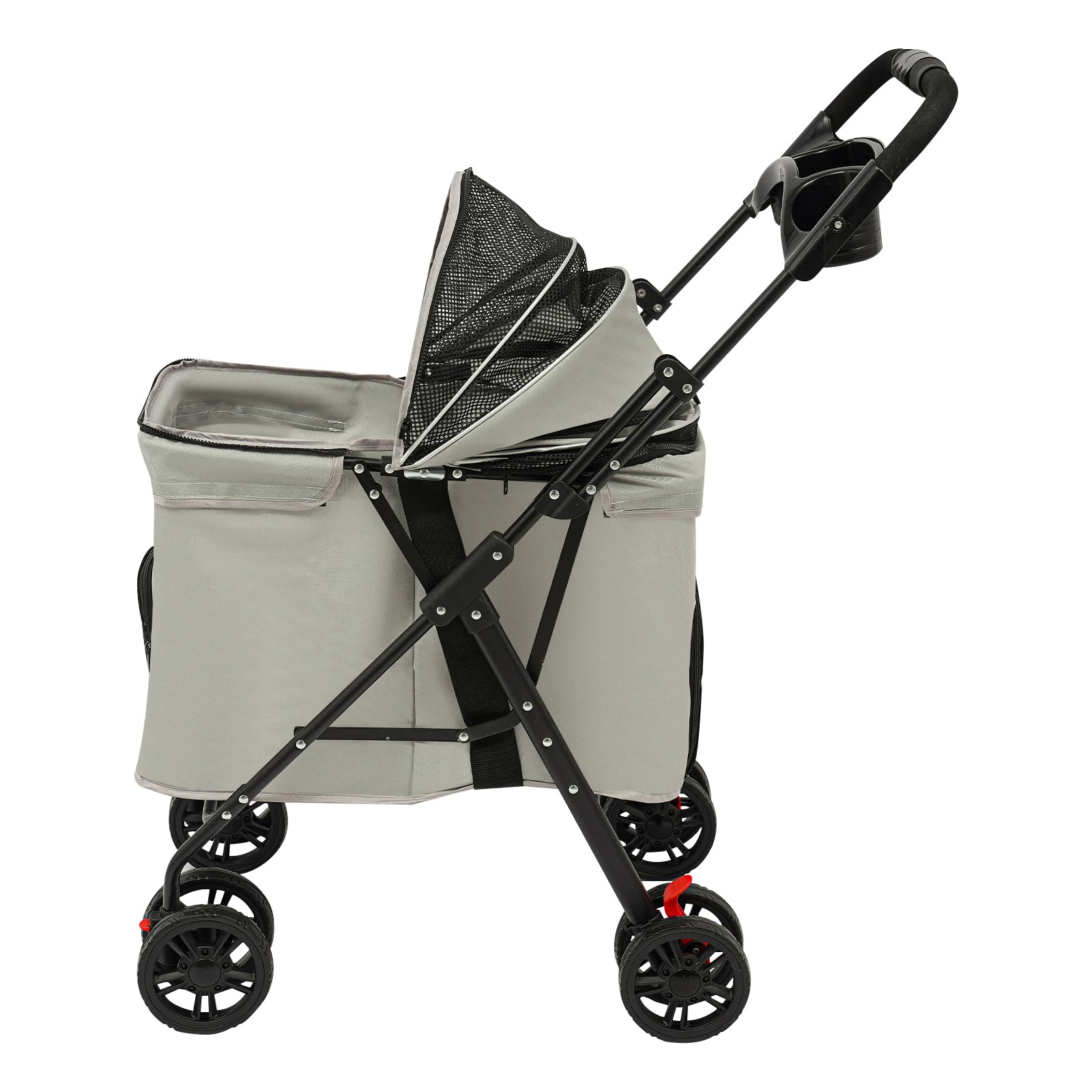 Passeggino pieghevole per cani e gatti fino a 12.5kg,Passeggino per animali domestici con 360° ruote,doppio freno posteriore,Carrello per cani con portabibite e doppie fibbie di sicurezza,grigio