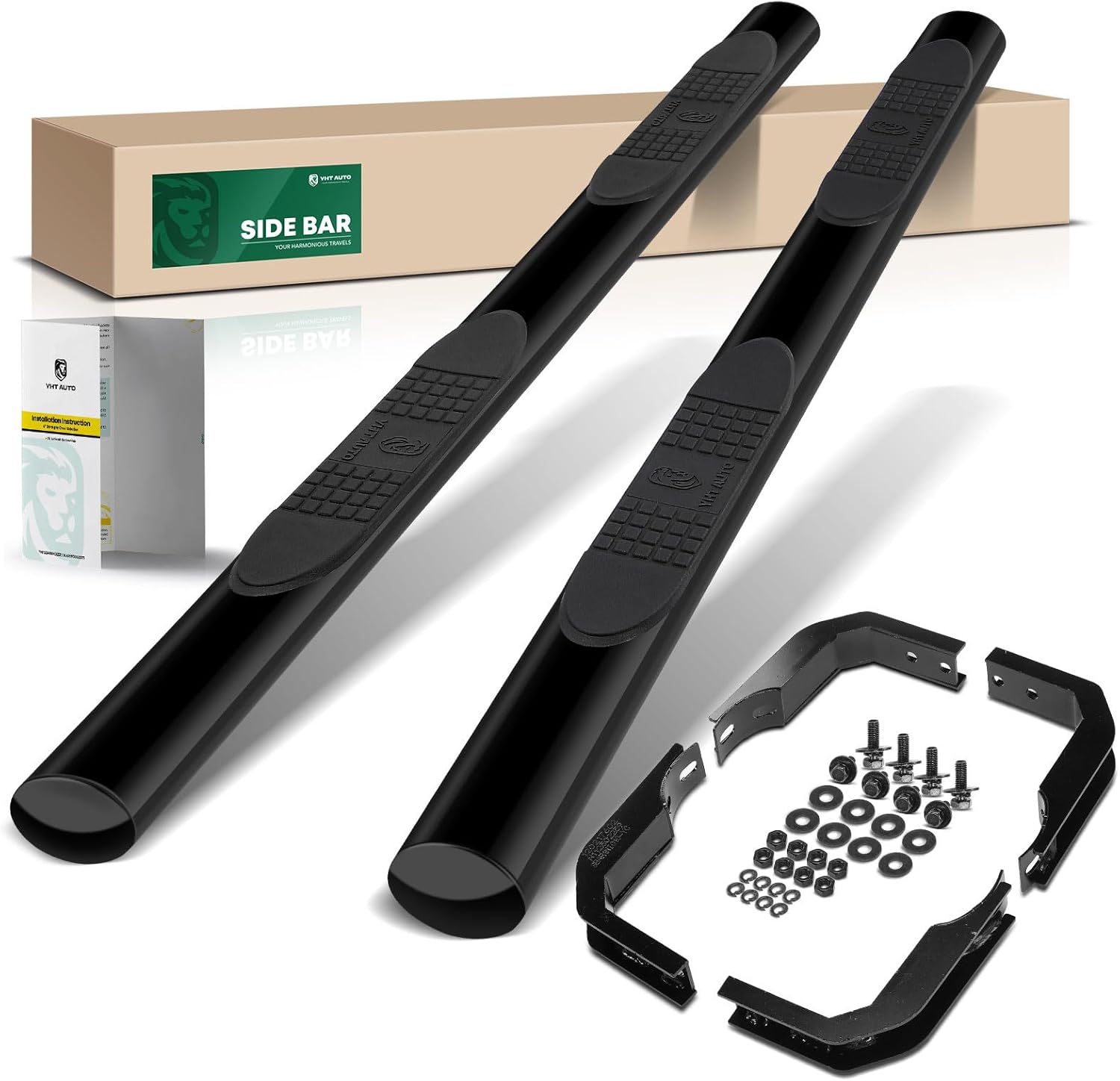 YHTAUTO 4 Inch Running Boards Side Steps Compatible with Nissan Frontier 2005-2024, Crew Cab, Oval Straight Carbon Steel Black Powder, Truck Cab Side Step Rails Off-Road Exterior Accessories, Set of 2 Semi-gloss black