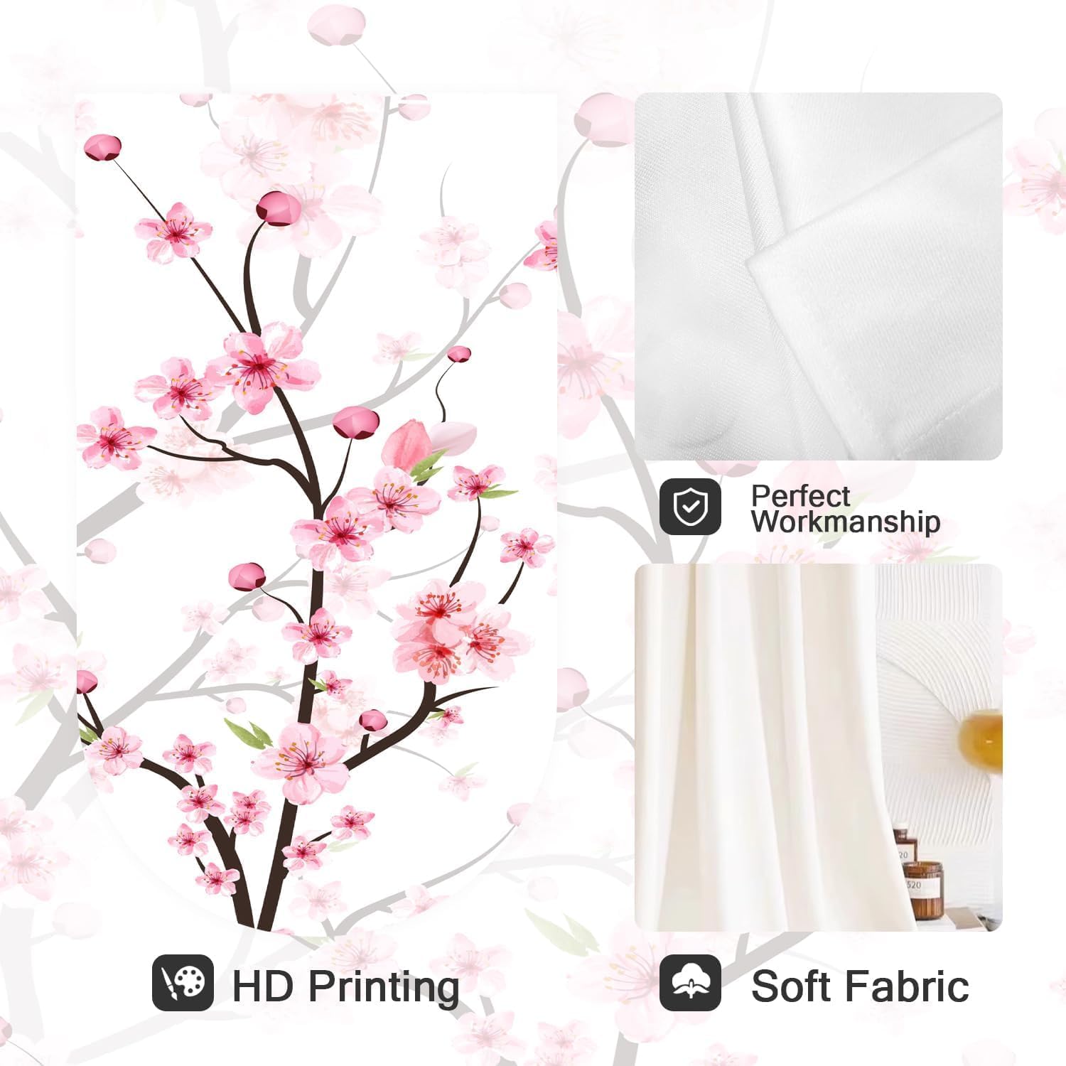Coxila Pink Cherry Blossom Window Curtains for Bedroom 42 x 84 Inch Rod Pocket Japanese Sakura Flower Floral Pattern Design Curtains Living Room Treatment Set of 2 Curtain Panels Drapes