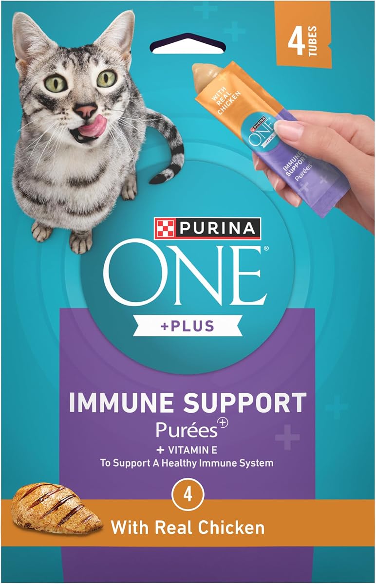 Purina ONE Plus Golosinas para gatos lamibles con pollo, paquete de 4 1.4 oz | Puré de apoyo inmunológico elaborado con pollo real, vitamina E y omega-3 para un sistema inmunológico saludable