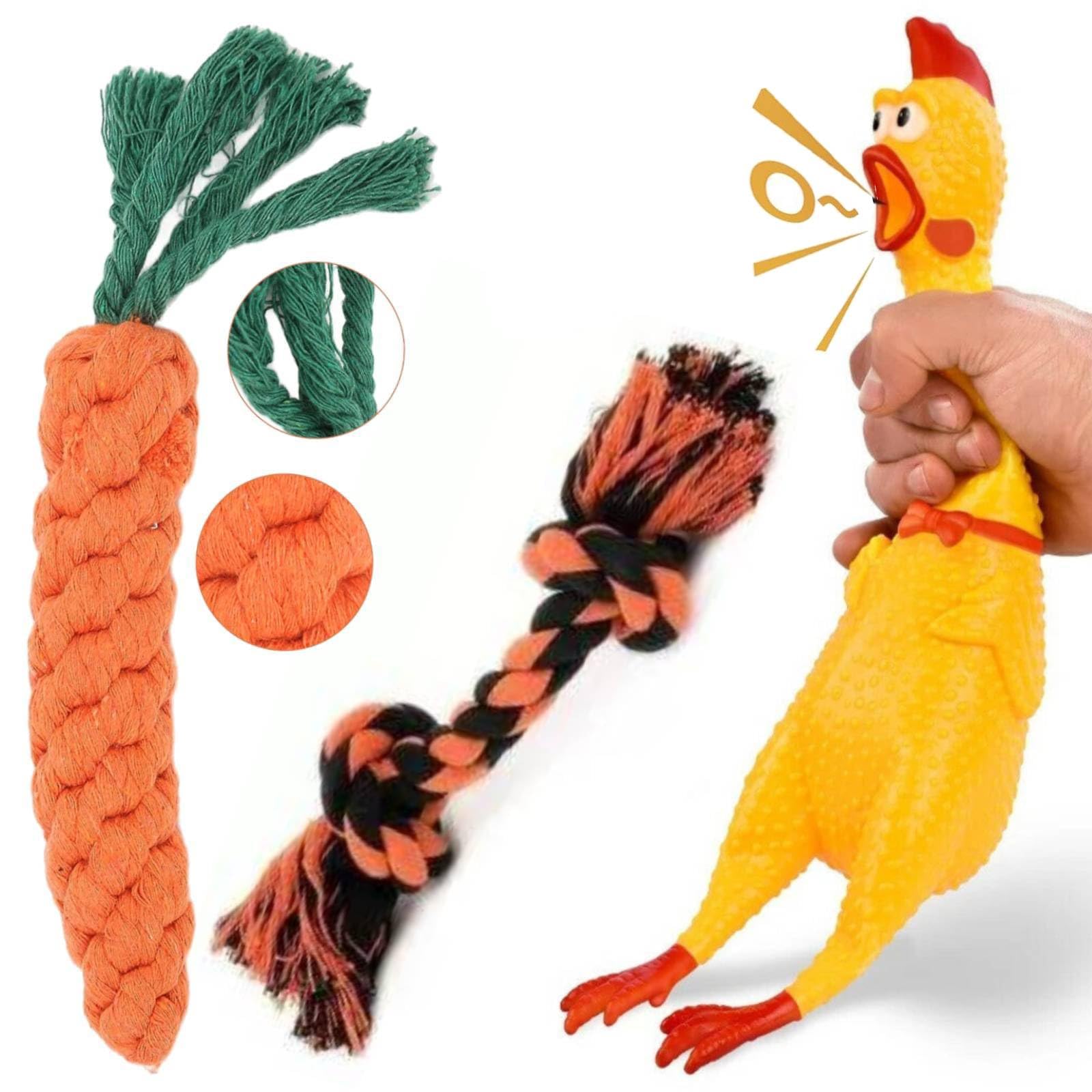 Hear Doggy Puppies Combo Toys for Dogs Squeaky Squawking Chicken Rubber Squeeze Dog Toys with Sound | Carrot Cotton Rope Toys | 2 Knot Rope | Toys for Puppies - Pack of 3 (B0CGR1JFH1) Amazon Price History, Amazon Price Tracker