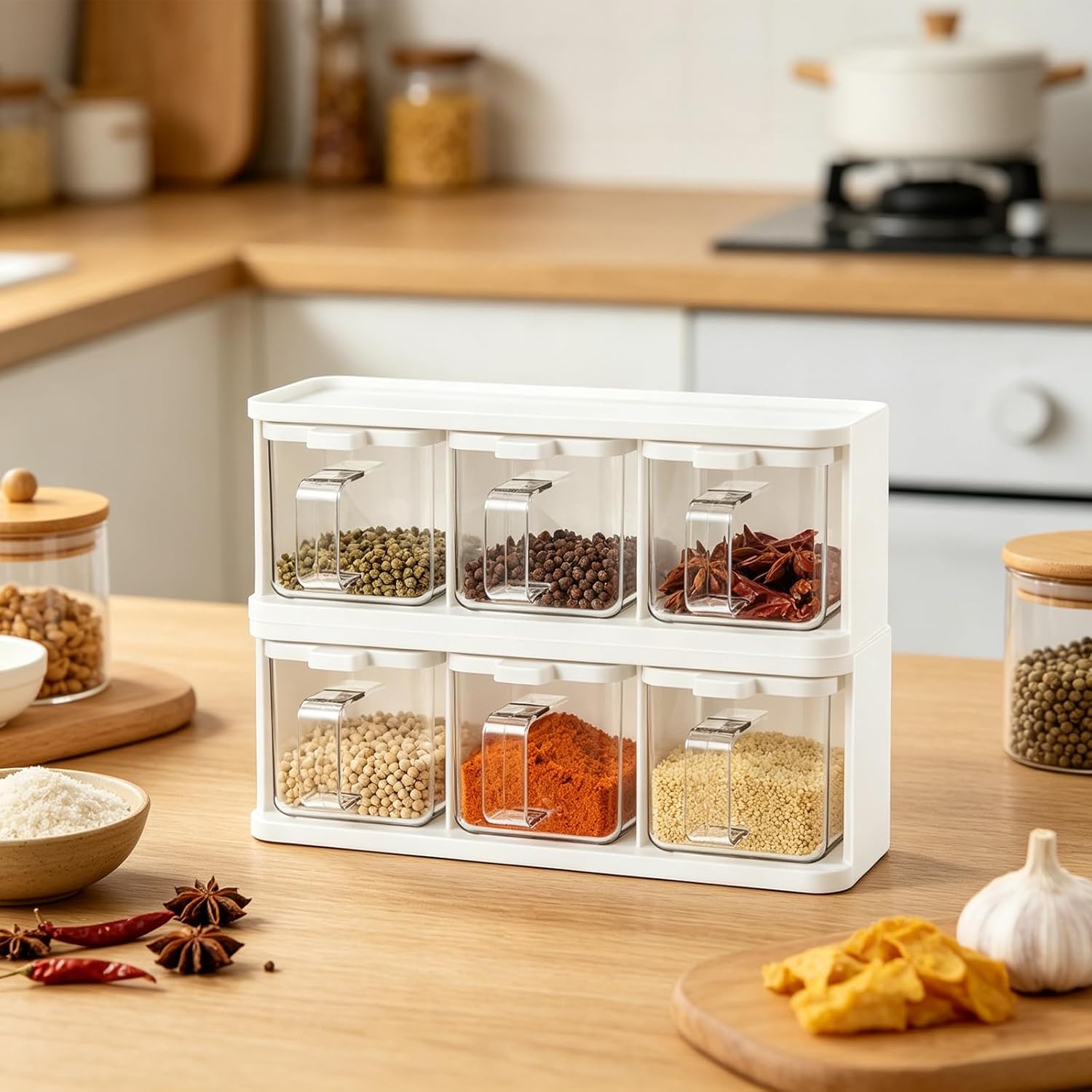 ASelected 2 Pack Seasoning Containers, 3-Compartment Spice Box Set, Transparent White PET Toppings Containers With Lids, 11.73x3.82 x4.41in For Kitchen Pantry Organization, Spice, Salt, Sugar