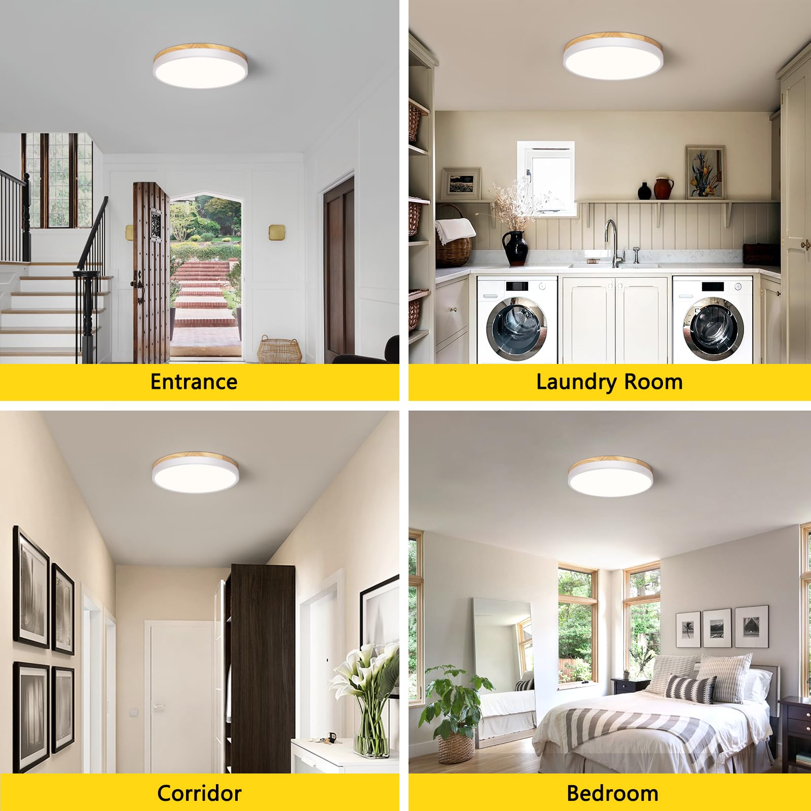 VIOLOEMI Modern Wood White Flush Mount Ceiling Light, 11.81