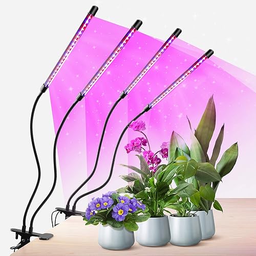 GROWSTAR Luces de plantas para cultivo en interiores, espectro rojo y azul, 4 cabezales de clip, lámparas de cultivo con cables de 10 pies para