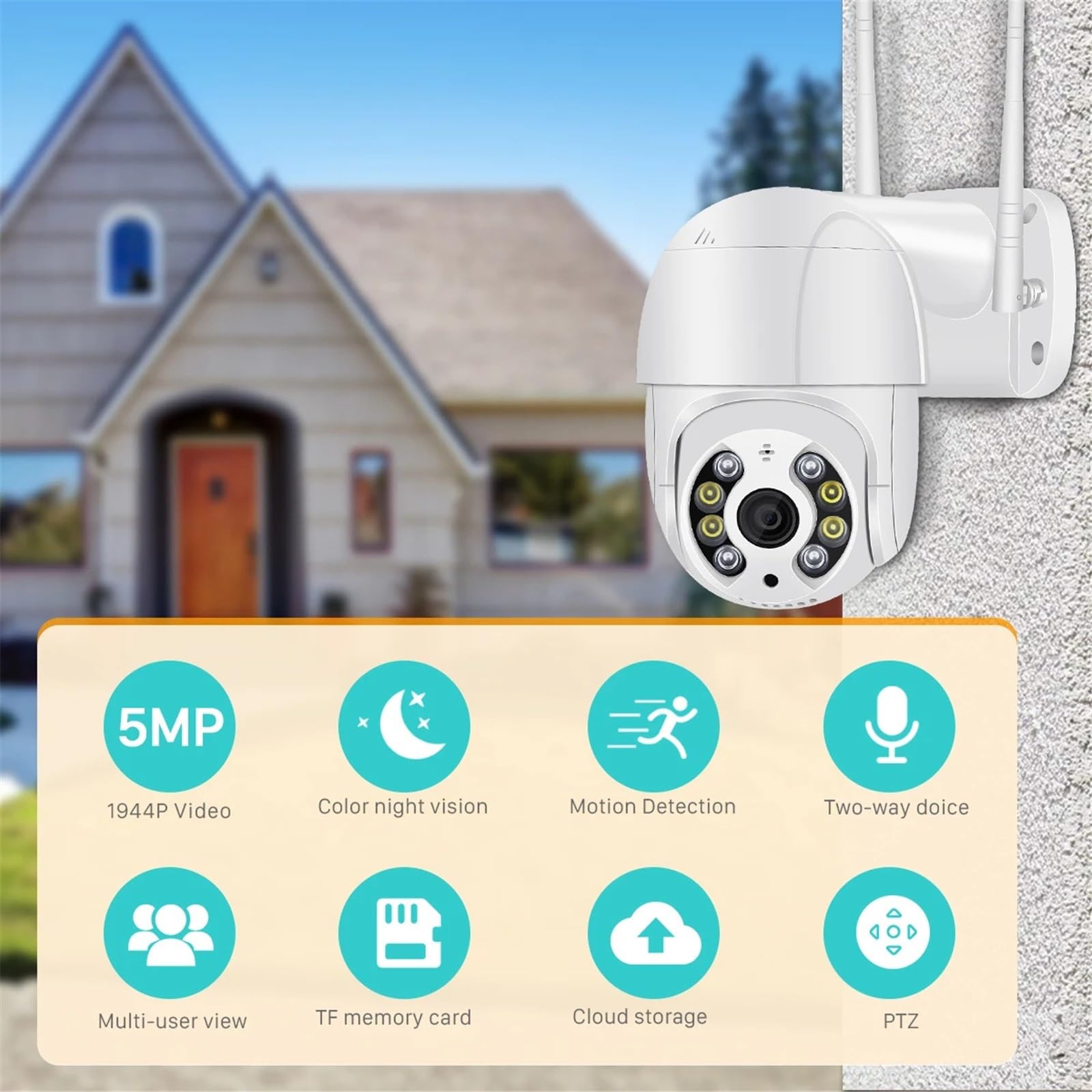 Security Camera, Cámara IP PTZ de 4 MP, CCTV Seguridad inalámbrica 1080P con detección Humana por IA, Zoom Digital 4X, Audio P2P, WiFi for Exteriores(4MP WiFi 128GB Card)